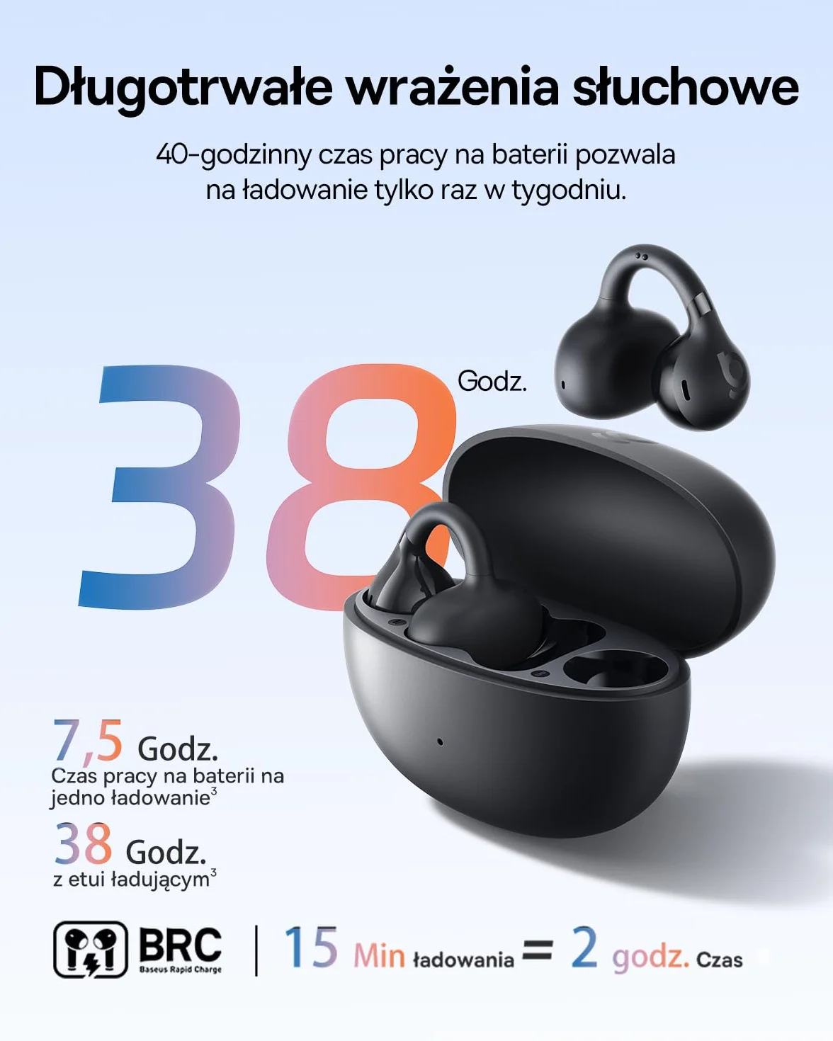 Baseus BC1 Open Ear słuchawki, klips na uszy z imponującym dźwiękiem, adaptacyjne wzmocnienie basów, Bluetooth 6.0, redukcja szumów podczas rozmów, IP55, akumulator 38H, lekkie Buds - Interstellar