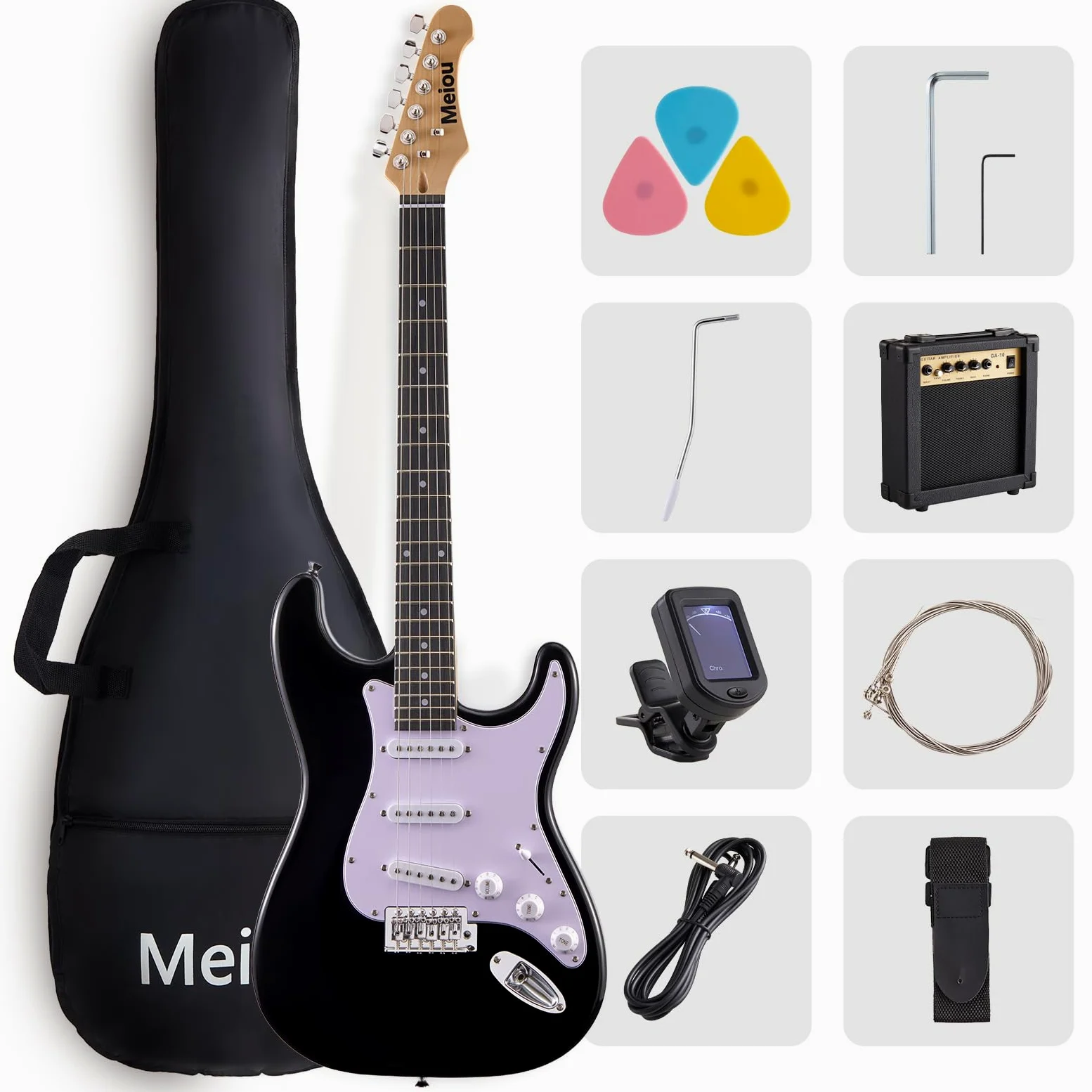 Zestaw startowy do gitary elektrycznej 89 cm serii ST - kompletny zestaw startowy z gitarą elektryczną, wzmacniaczem, paskiem, kostką, tunerem, strunami, kablem i torbą na gitarę - odpowiedni