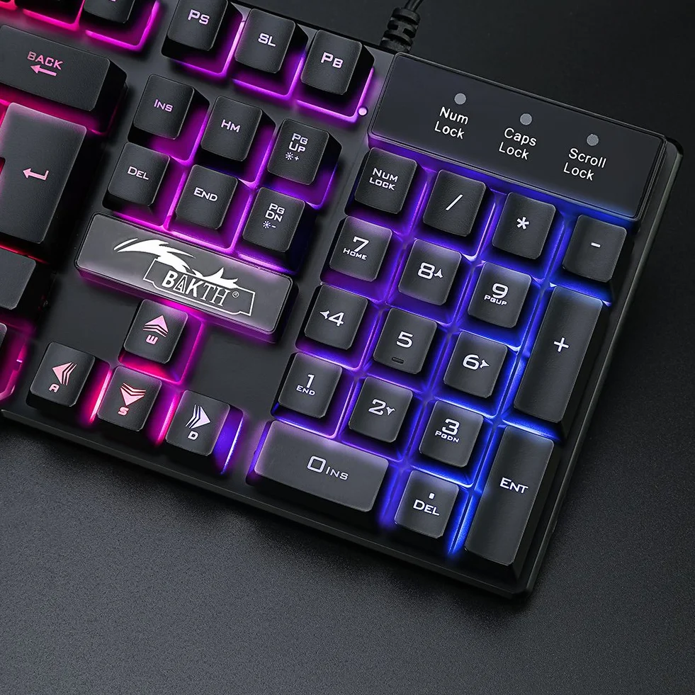 BAKTH Klawiatura i mysz do gier, podświetlenie LED, układ QWERTY US, tęczowe kolory, podświetlana klawiatura USB, wodoszczelna klawiatura i mysz o rozdzielczości 2400 DPI dla graczy Pro PC