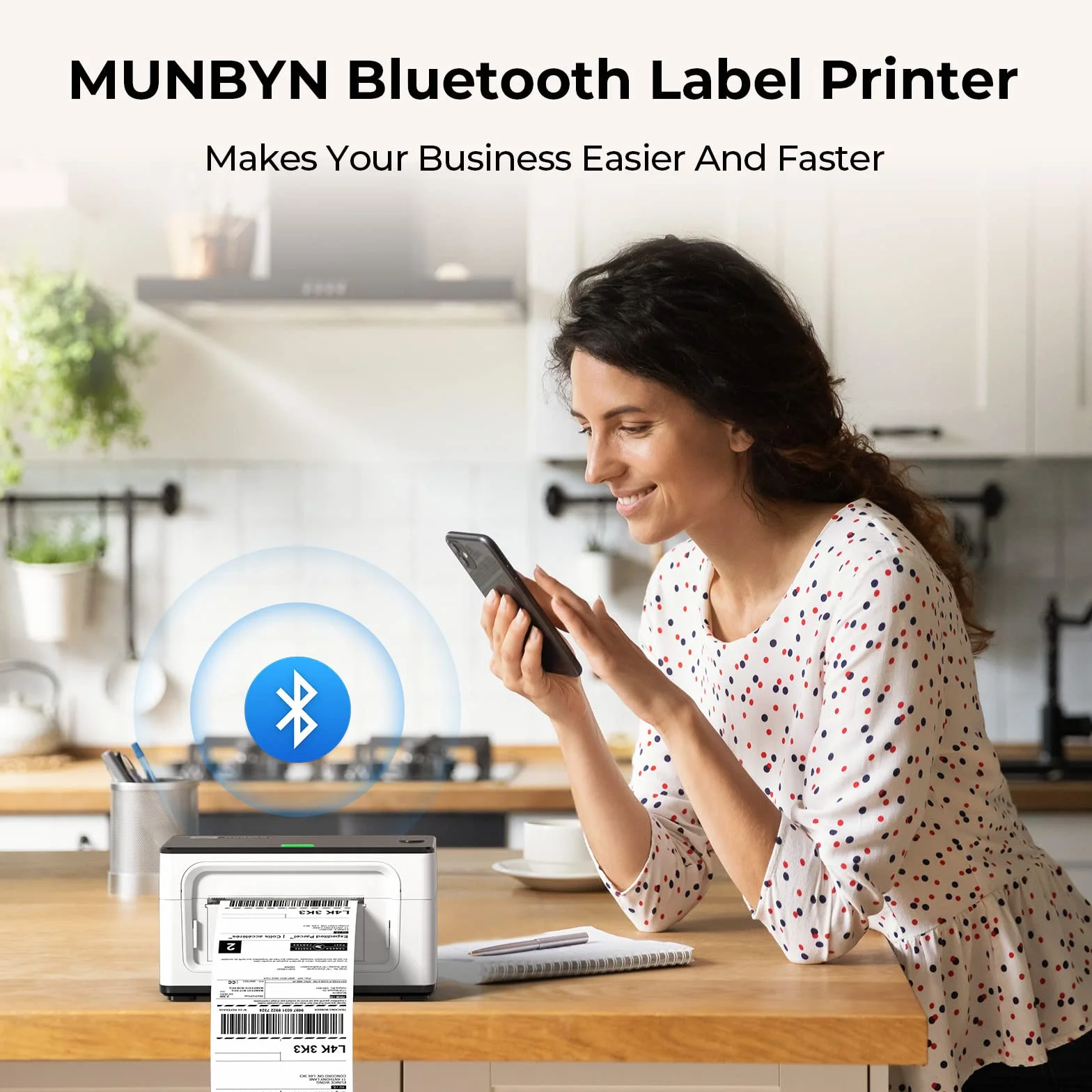 Drukarka Etykiet MUNBYN z Bluetooth, Drukarka Termiczna, Drukarka Etykiet Wysyłkowych 4x6 dla DHL, UPS, GLS; Drukarka Etykiet dla Allegro, Etsy, Shopify, Model 941B, Biała
