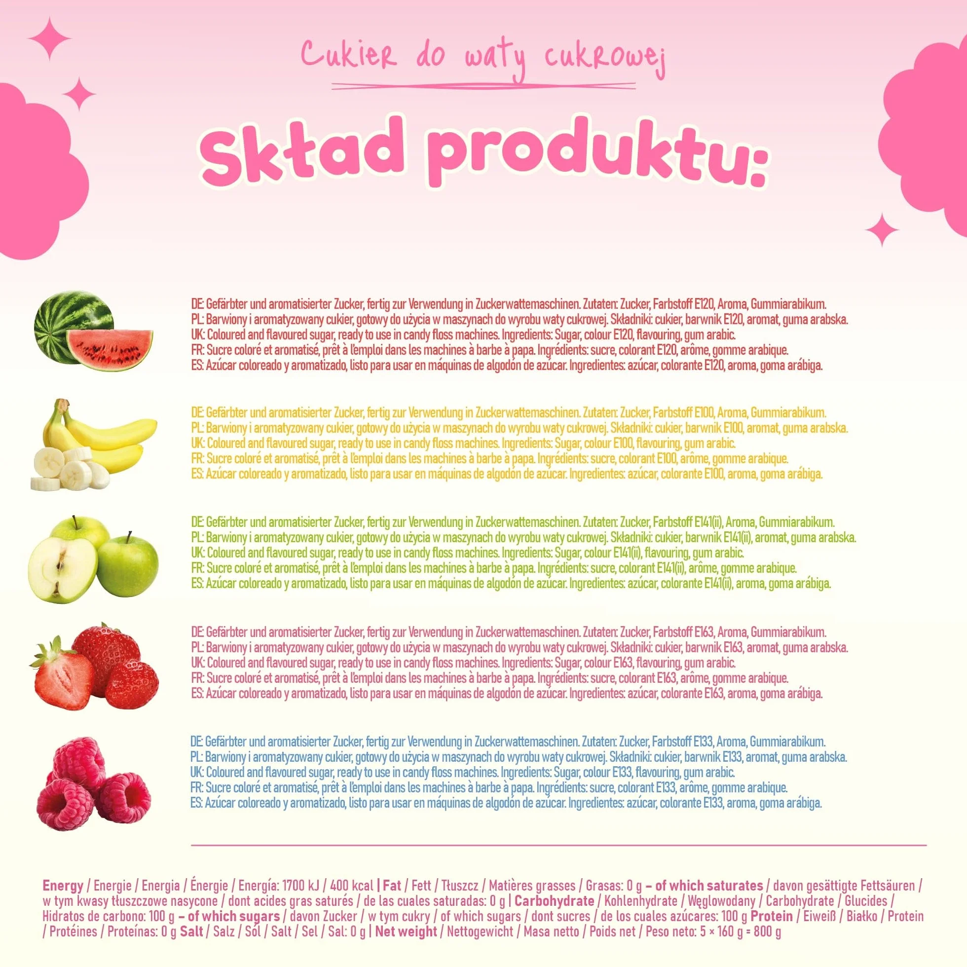 CANDY LAMA Zestaw cukrów do waty cukrowej, zestaw imprezowy 5 x 160g: Truskawka, Malina, Jabłko, Banan i Arbuz, w zestawie 20 patyczków do waty cukrowej, do maszynki