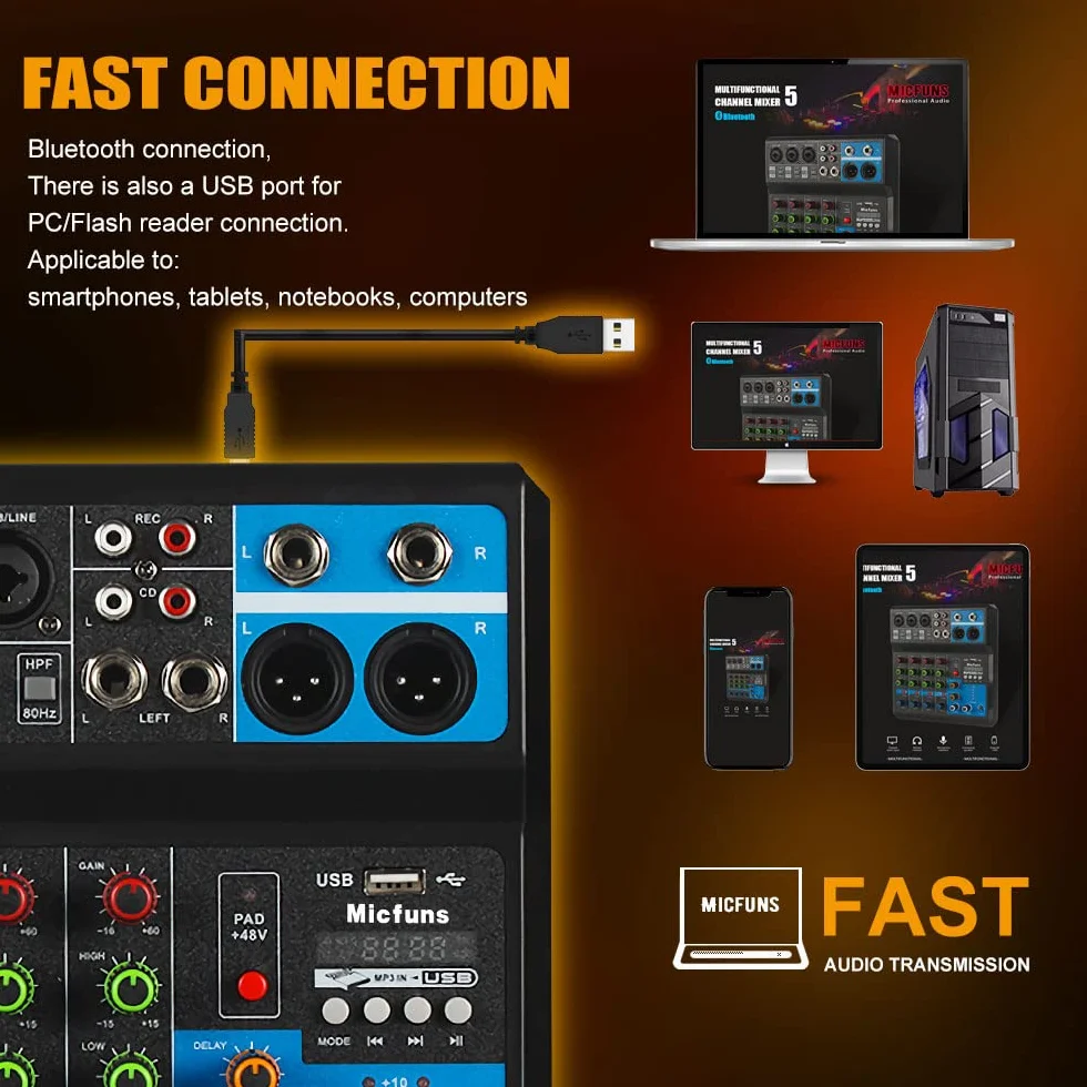 Mini DJ Mikser Sound Board Console System, 5 kanałów 48 V Phantom Power z Bluetooth USB MP3 Stereo Live DJ Studio Streaming na profesjonalne nagrywanie KTV Stage