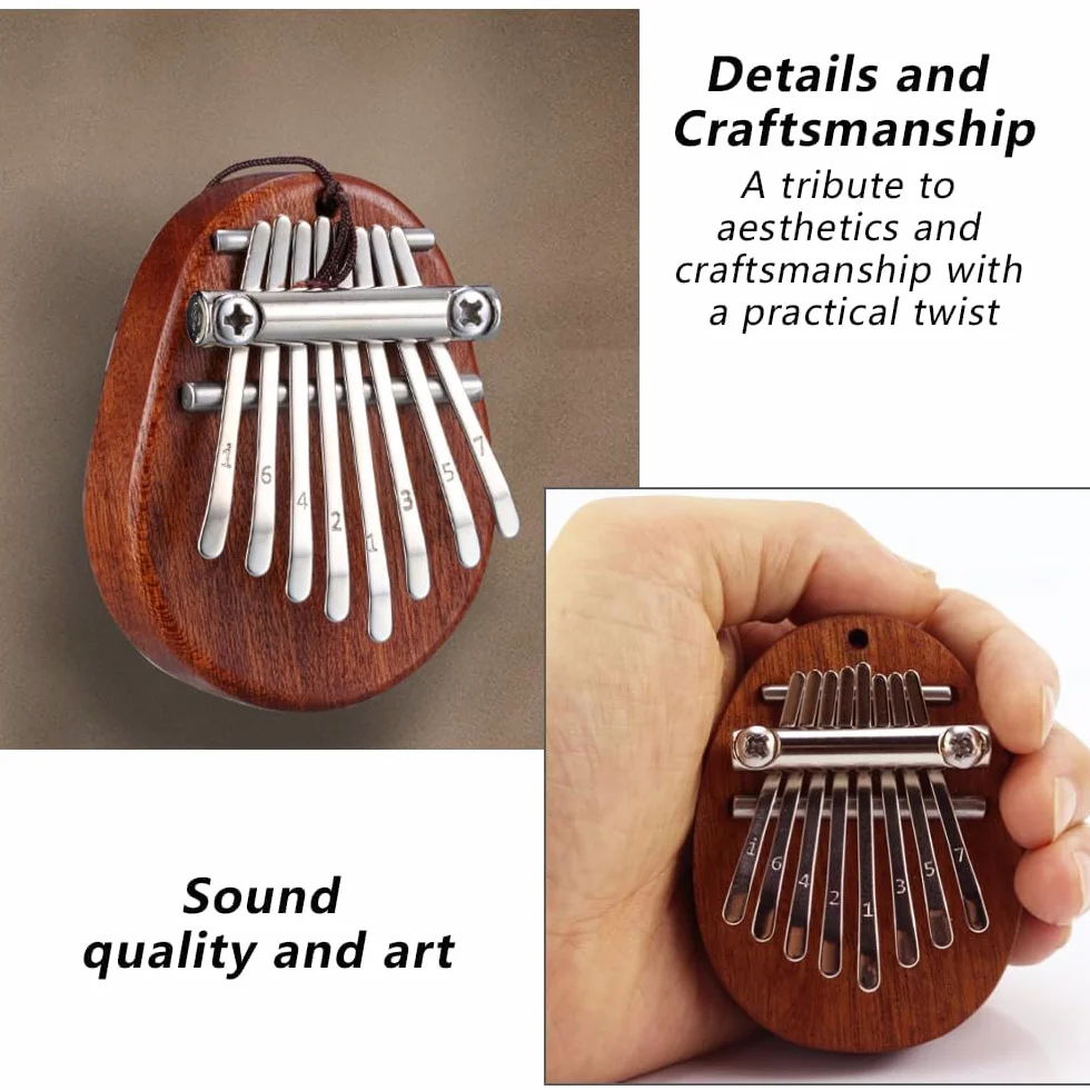 Kabbaleen Kalimba, 8 Klawiszy, Przenośny Mini Fortepian, Muzyczny Instrument Ręcznie Wykonany z Litego Drewna, ze Smyczą i Łańcuszkiem, Mały Palec, Kciuk