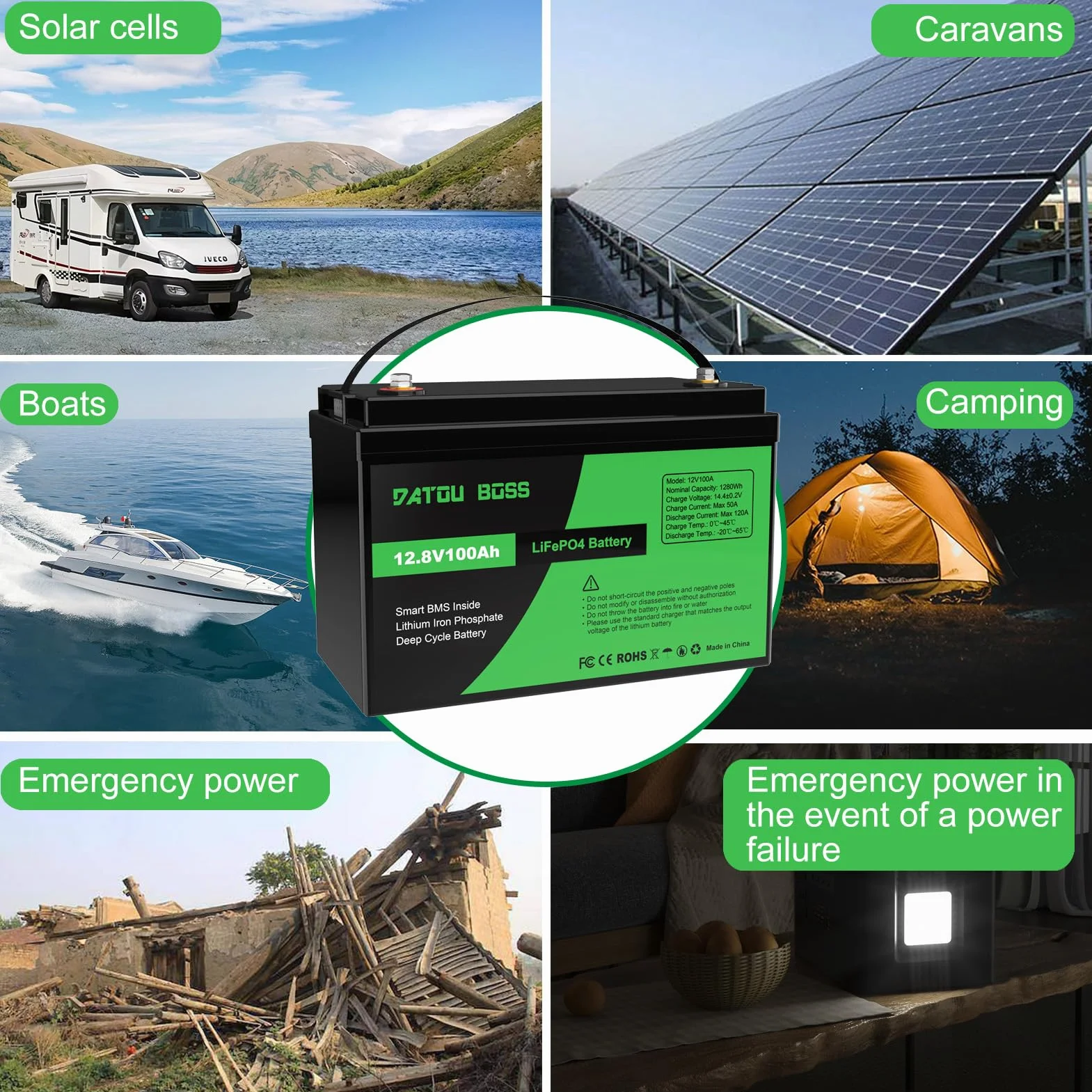 DATOUBOSS 12V 100Ah LiFePO4 Battery 100A BMS 8000+cycles Deep Cycle Lithium Battery MAX 1280W wsparcie mocy w połączeniu szeregowym/równoległym