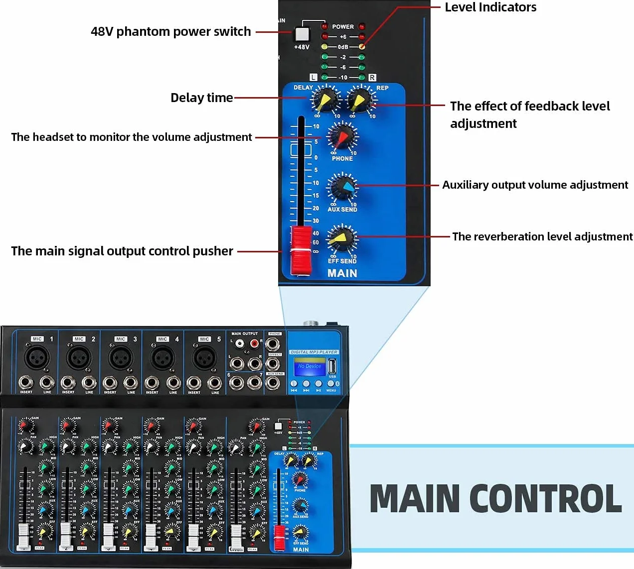 Depusheng HT7 przenośny mikser audio Bluetooth z USB DJ Sound, konsola mieszająca MP3, gniazdo 48 V, Power 7-kanałowy, mikser do nagrywania komputera