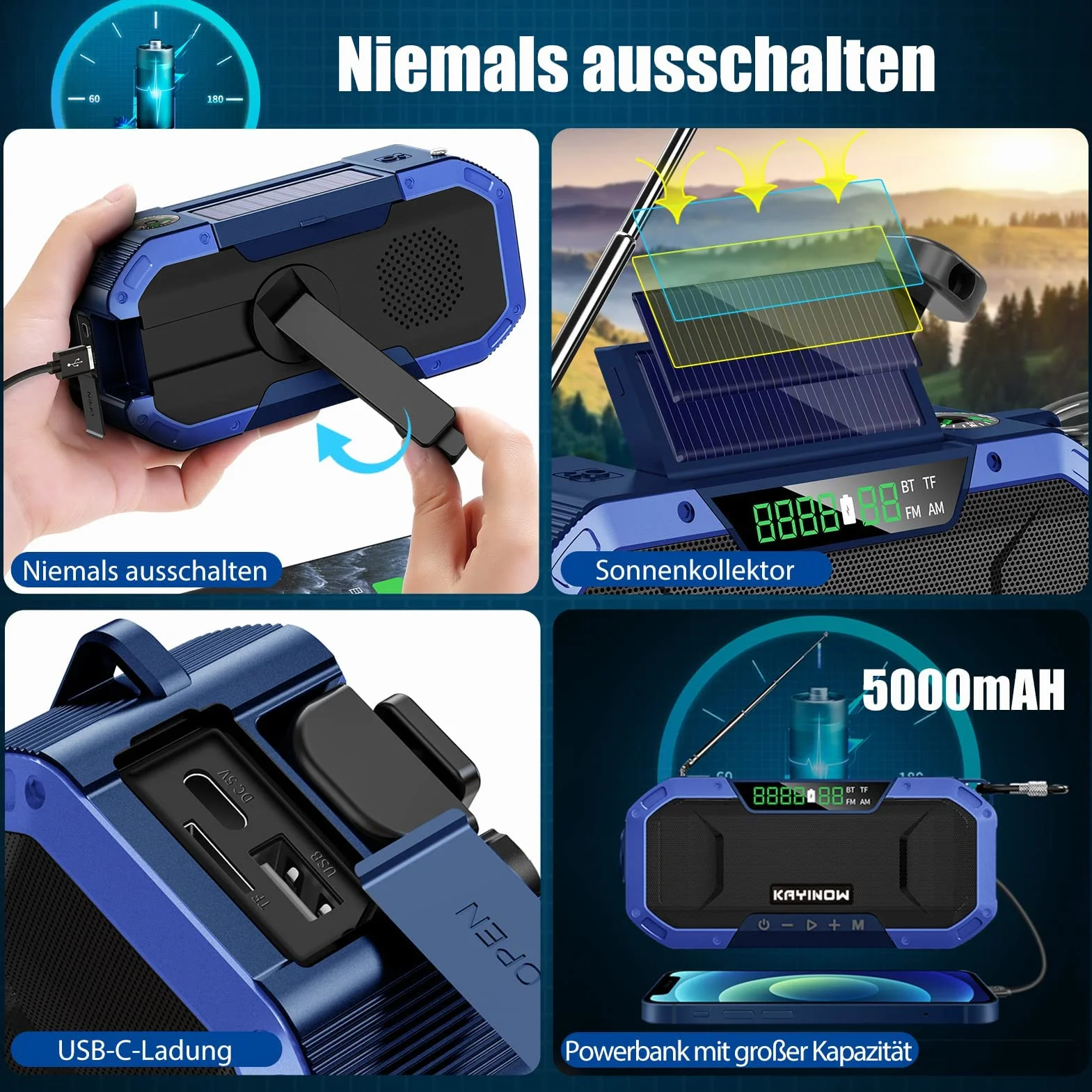 KAYINOW Dynamo Solar Survival Radio - Głośnik Bluetooth, wodoodporne przenośne radio AM FM, 5000 mAh, akumulator, korba akumulatorowa, wielofunkcyjne radio awaryjne, kemping, SOS, latarka