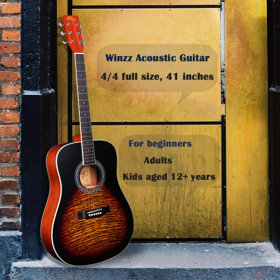 Winzz Gitara akustyczna dla dorosłych 4/4, gitara dziecięca 12+ lat, zestaw do gitary ludowej dla początkujących, sucha gitara ze stalową liną z 11 akcesoriami (Sunburst Mat, 41 cali)