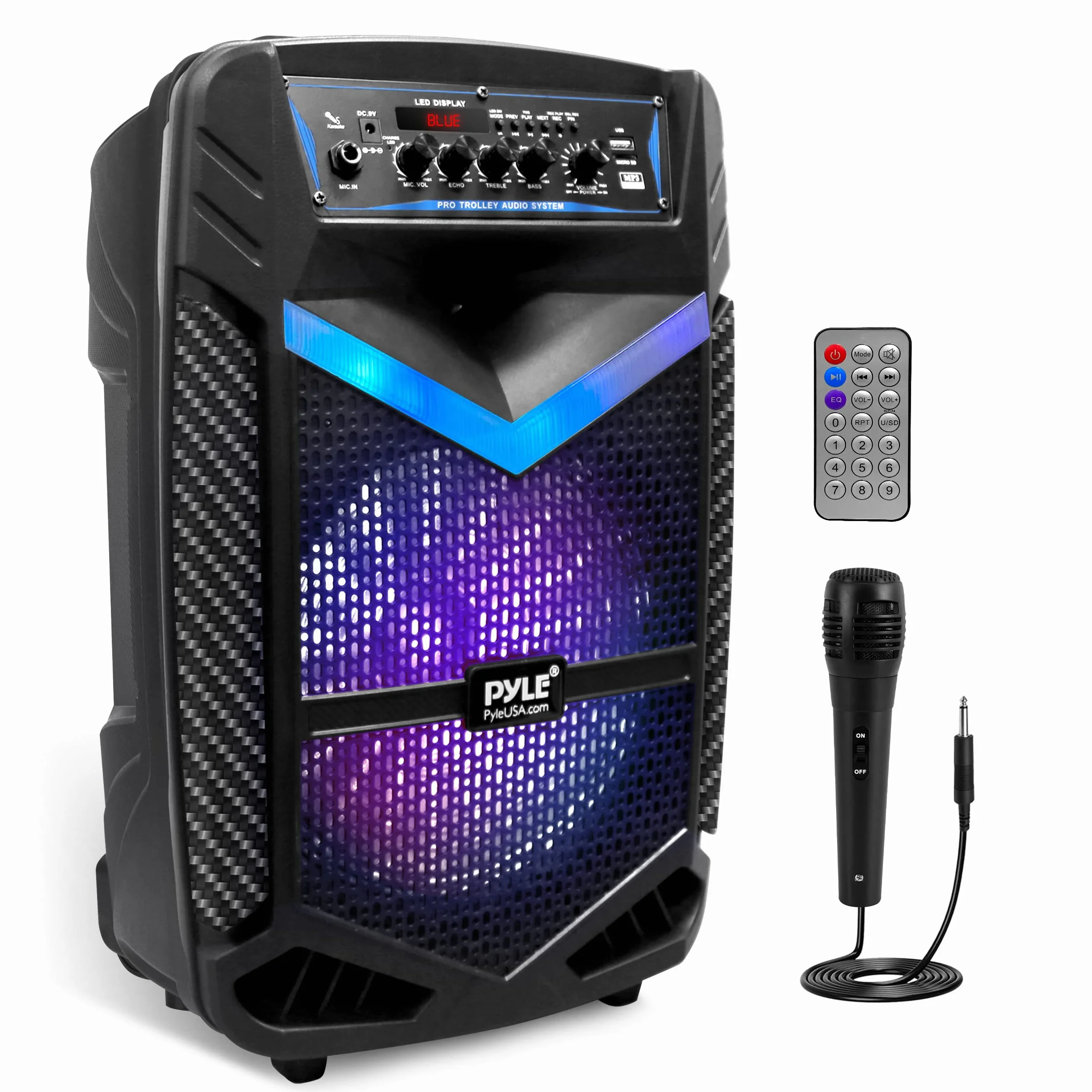 Pyle Głośnik PA Bluetooth, urządzenie do karaoke z mikrofonem do karaoke, 600 W, pudełko na imprezę, możliwość ładowania, subwoofer, 1" tweeter, funkcja nagrywania, oświetlenie imprezowe, radio USB/SD