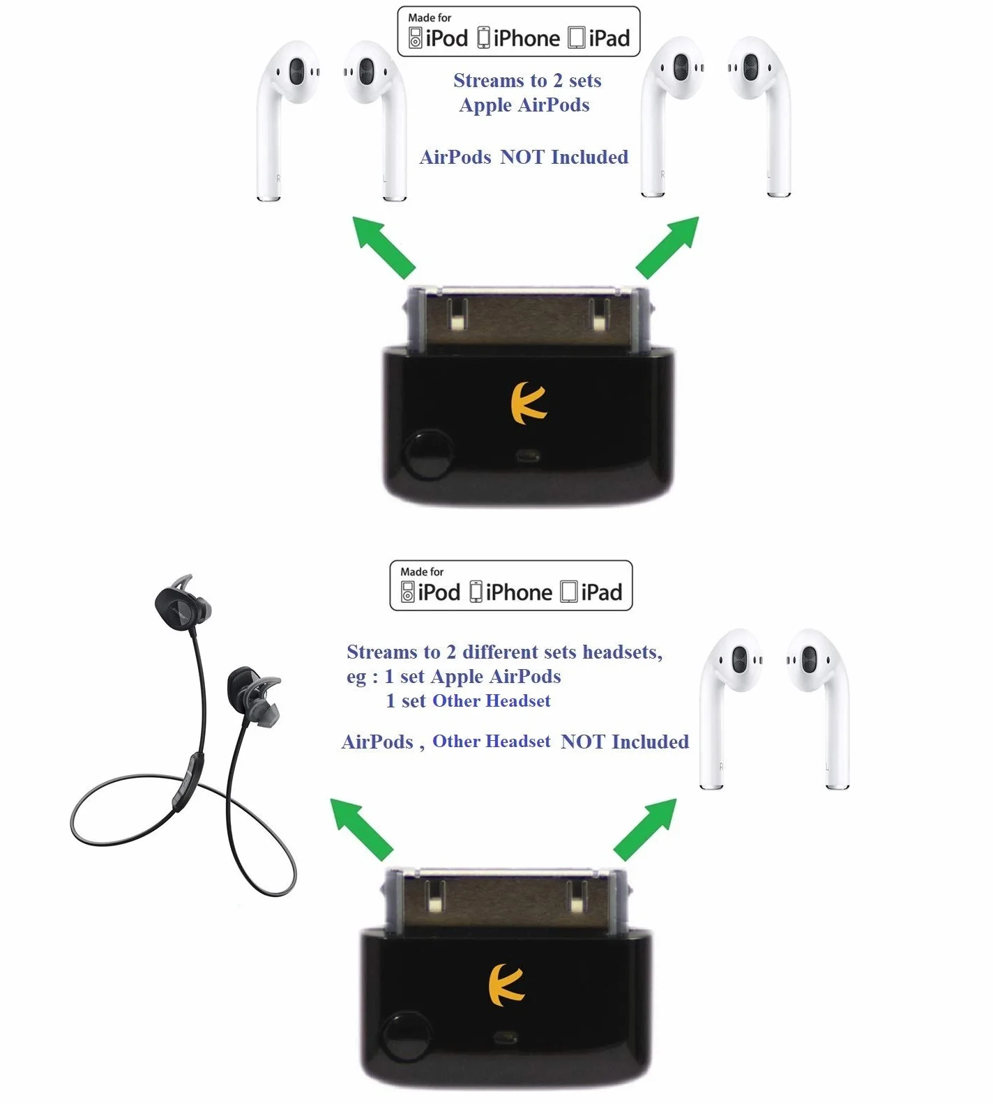 i10_Pro (czarny) : Rozdzielacz nadajnika Bluetooth z przełączanymi kodekami aptX/Low-Latency aptX/FastStream/SBC, kompatybilny z 30-pinowym złączem iPod, iPhone, iPad. Kompatybilny z AirPods.