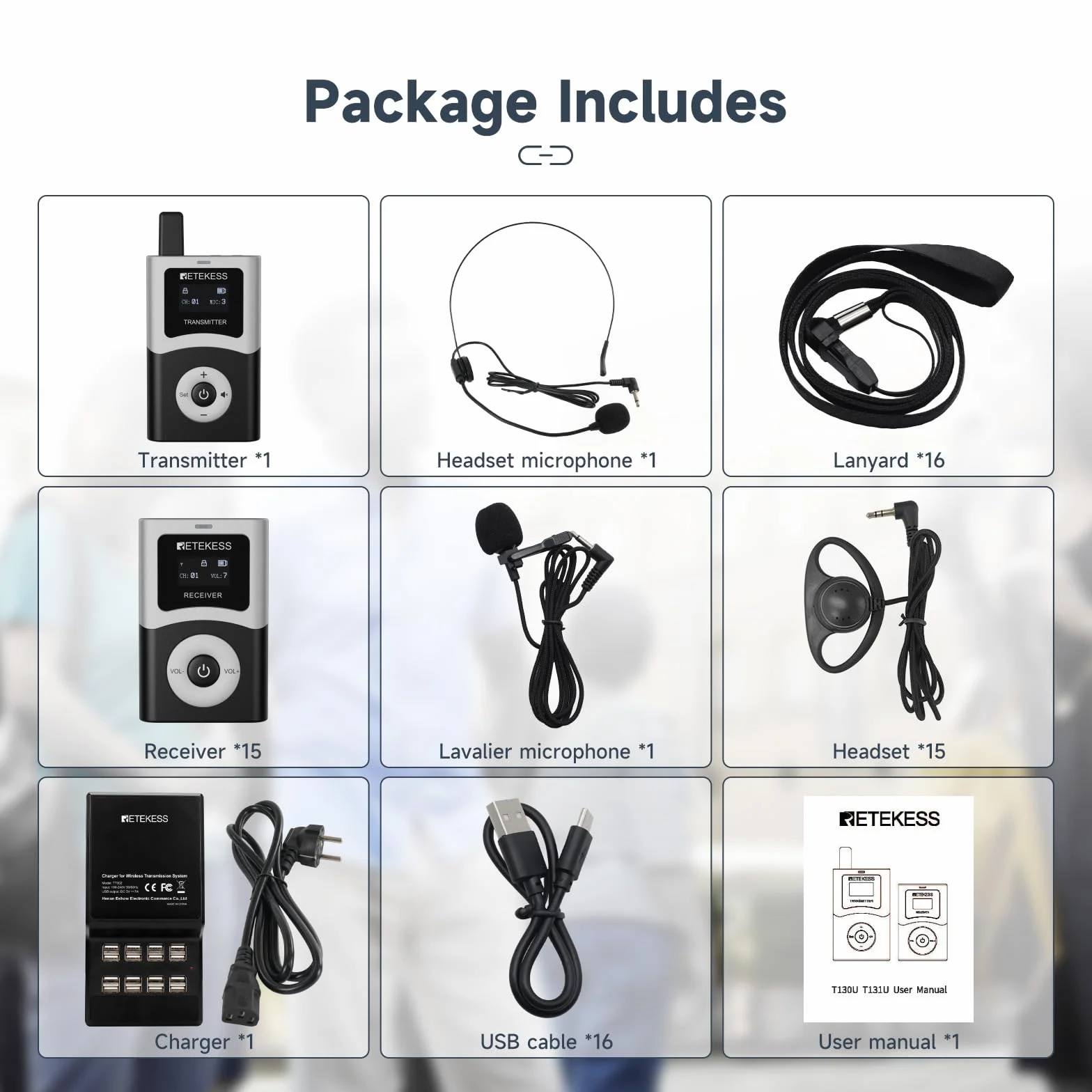 Retekess T130U (T130 4rd) Audio Tour Guide, Zestaw Tour Guide, Mikrofon Tour Guide, 200 m, Obsługa Jednym Przyciskiem, 16 Portów Ładowania USB, Do Wielodniowych Wycieczek Na Zewnątrz