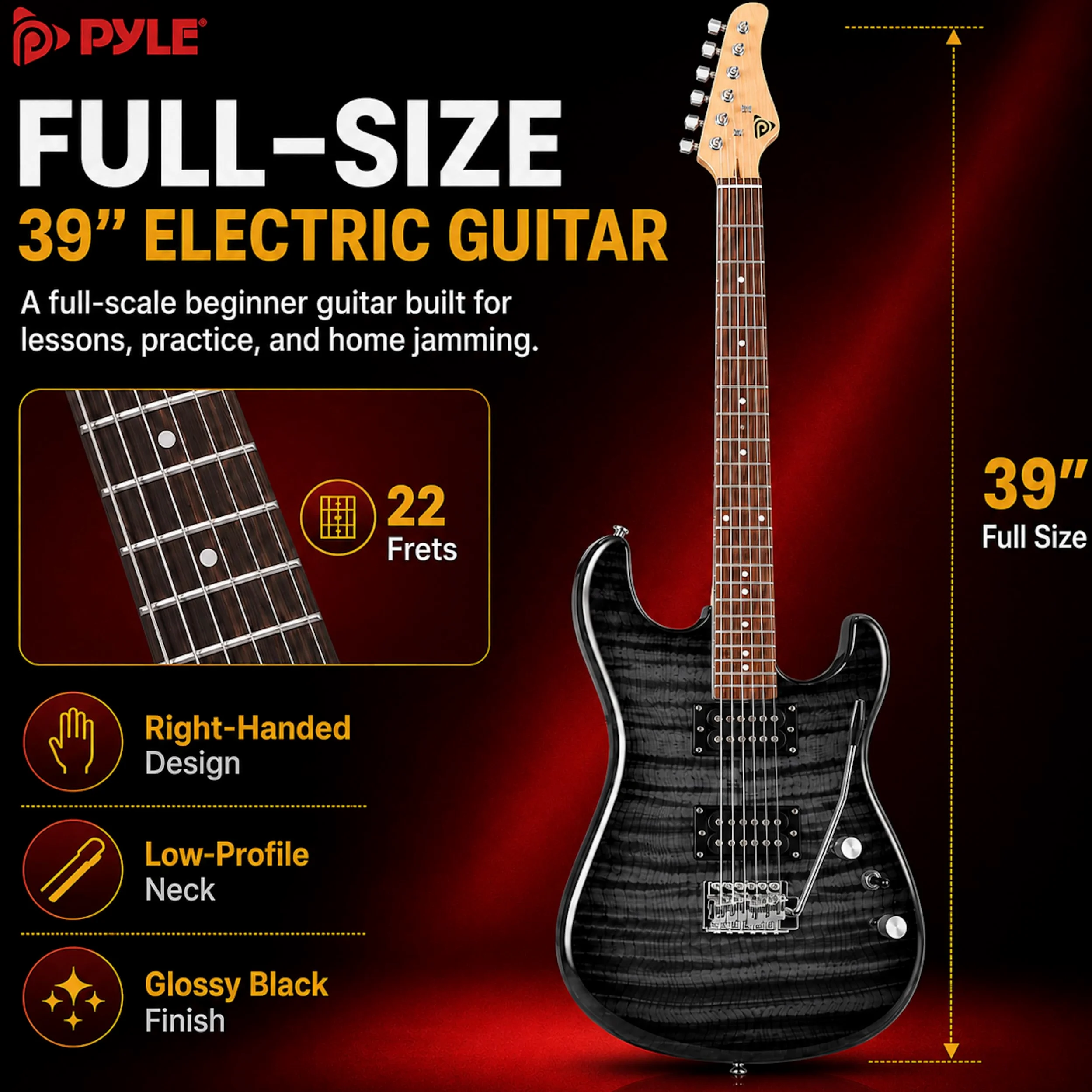 Pyle Czarny zestaw do gitary elektrycznej ze wzmacniaczem dla początkujących, 39-calowy standardowy instrument z mikrofonami Humbucker, zestaw startowy dla dzieci, młodzieży i dorosłych