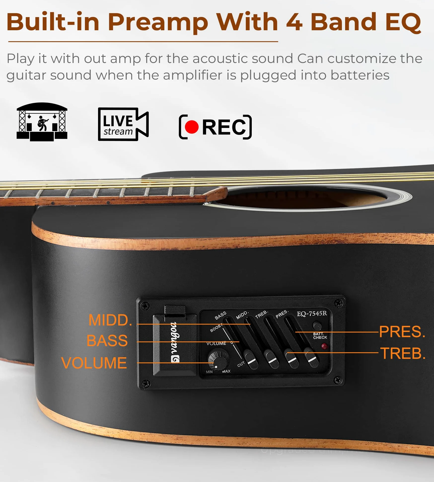 Vangoa 4/4 elektryczna gitara akustyczna, 41", gitara Cutaway z 4-pasmowym korektorem, wbudowany pickup, torba na gitarę i zestaw dla początkujących, kolor czarny
