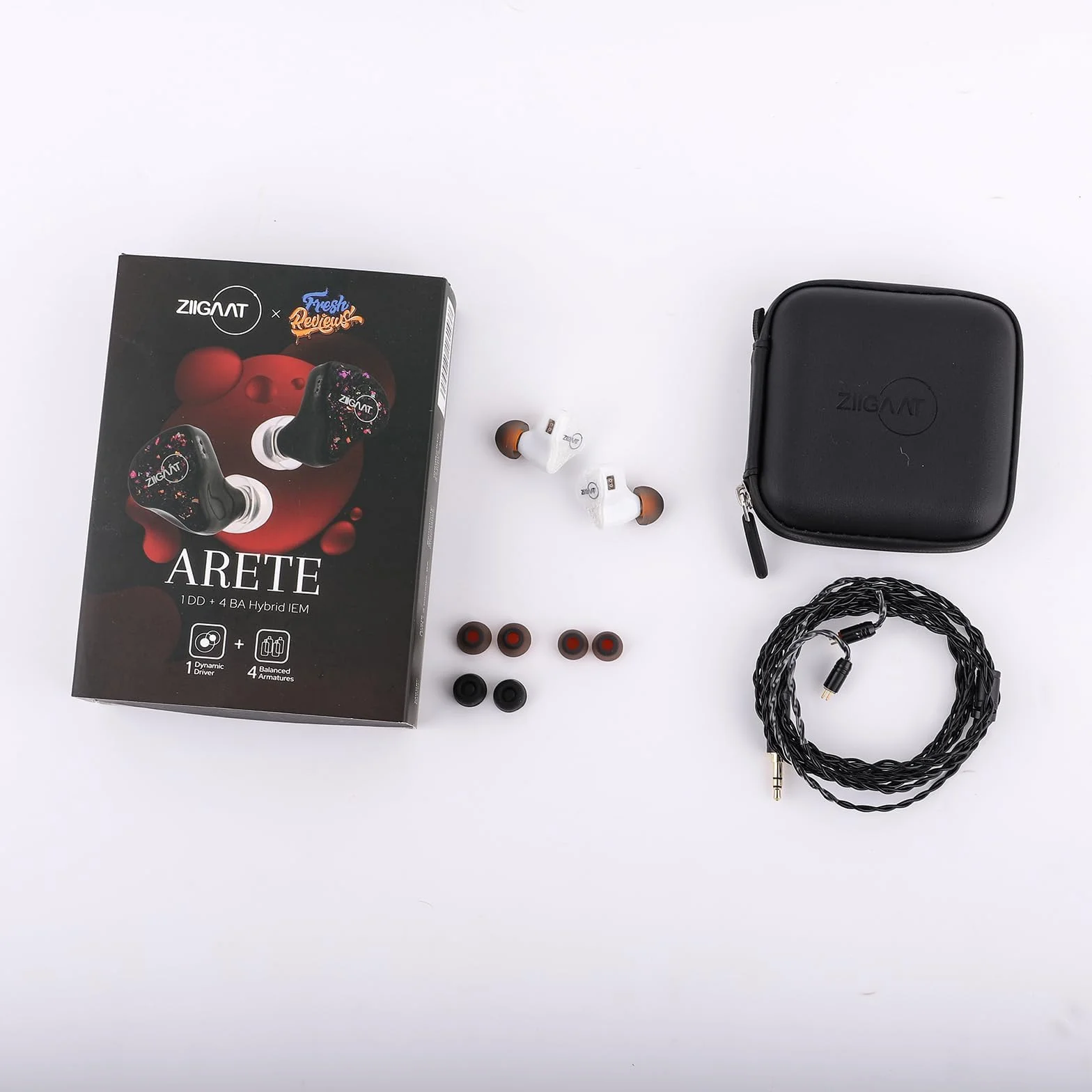 ZiiGaat x Fresh Reviews Arete In Ear Monitor, hybrydowe słuchawki 1DD+4BA IEM, przewodowe słuchawki do gier, Studio Monitor Tunning, ze zdejmowanym kablem IEM dla muzyka audiofila (białe)