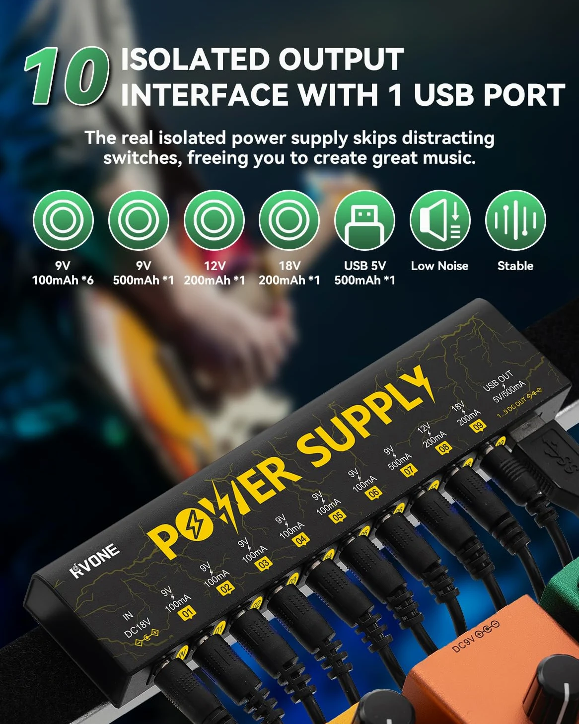 RVONE Zasilacz do pedałów gitarowych z 10 izolowanymi wyjściami DC i USB, ochroną przed zwarciem, redukcja szumów, stabilne zasilanie 9 V/12 V/18 V do pedałów efektów (Lightning Yellow)