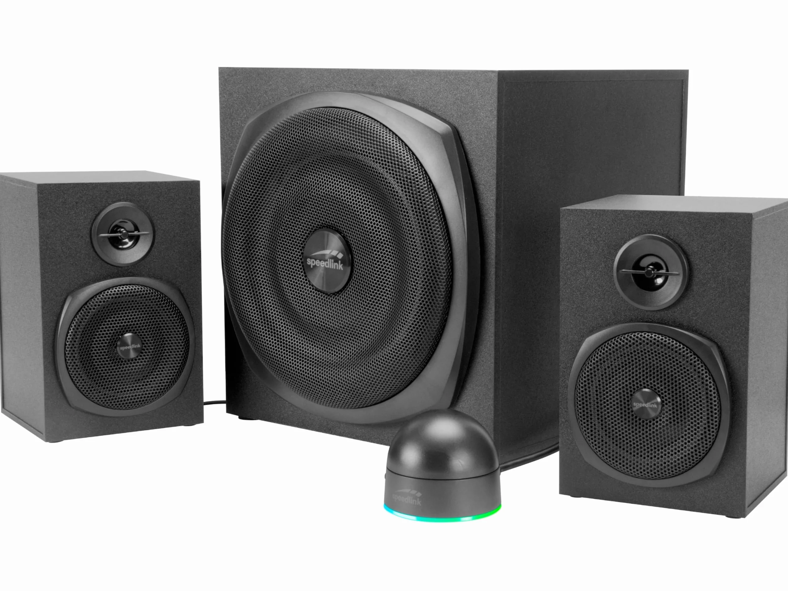 Speedlink GRAVITY LT głośniki komputerowe 2.1 z Bluetooth - z drewnianym subwooferem, aktywny system głośników 80 W, gniazdo AUX 3,5 mm, pilot biurkowy RGB, czarny