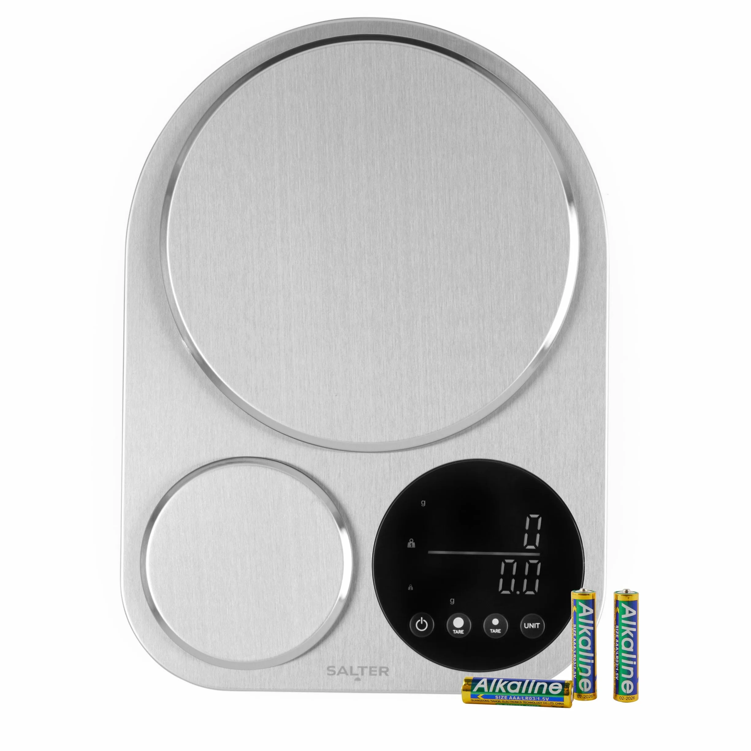 Salter Dual Platform Scale – Stal nierdzewna, Duza platforma 5kg, Mala platforma precyzyjna 500g, Funkcja tarowania, Pomiar cieczy, Cyfrowy wyswietlacz LED