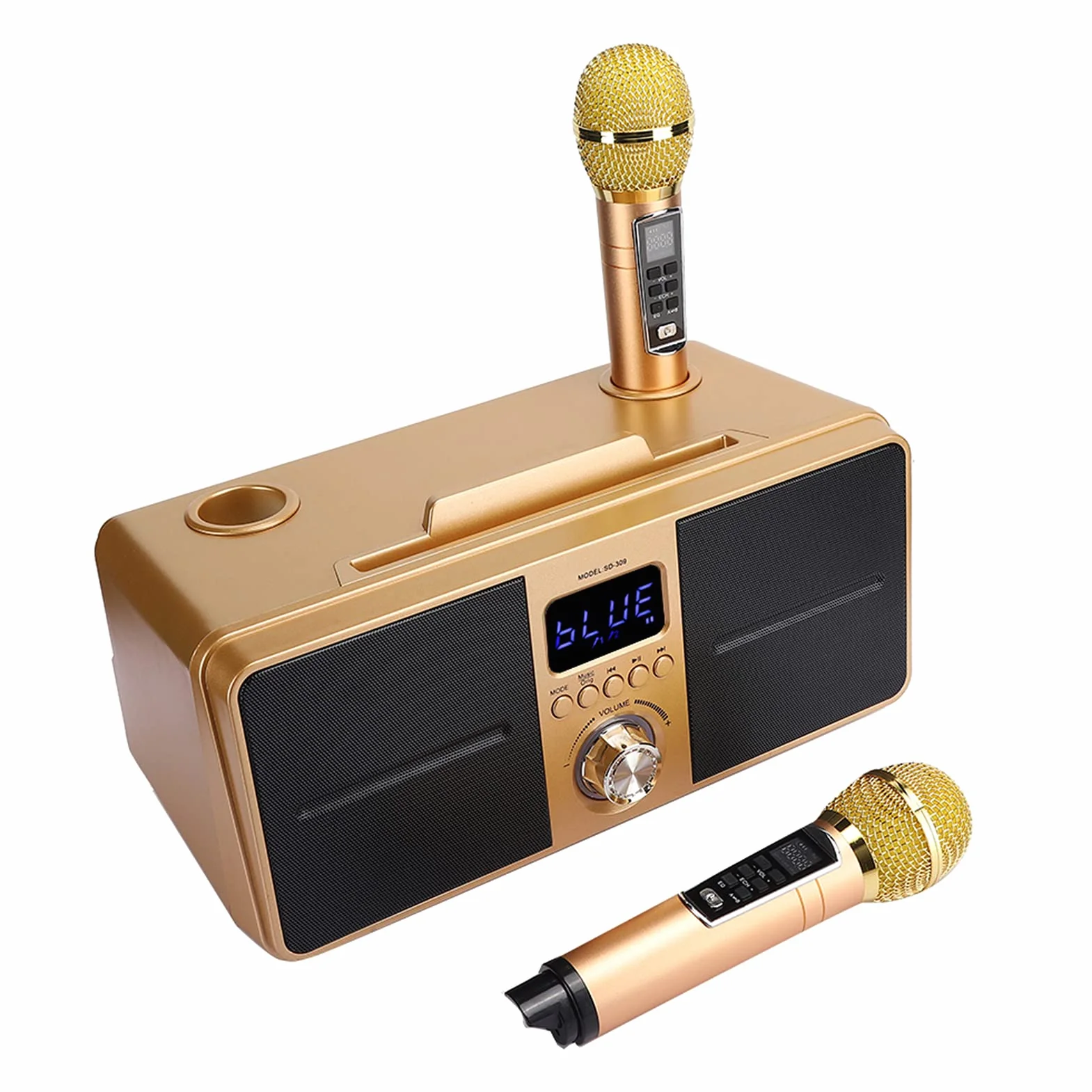 Przenośny zestaw mikrofonów do karaoke z podwójnym mikrofonem bezprzewodowym, Bluetooth 4.2, karta pamięci, AUX, dysk flash USB do domowej karaoke, spotkania, imprezy, kościoła itp. (złoty)