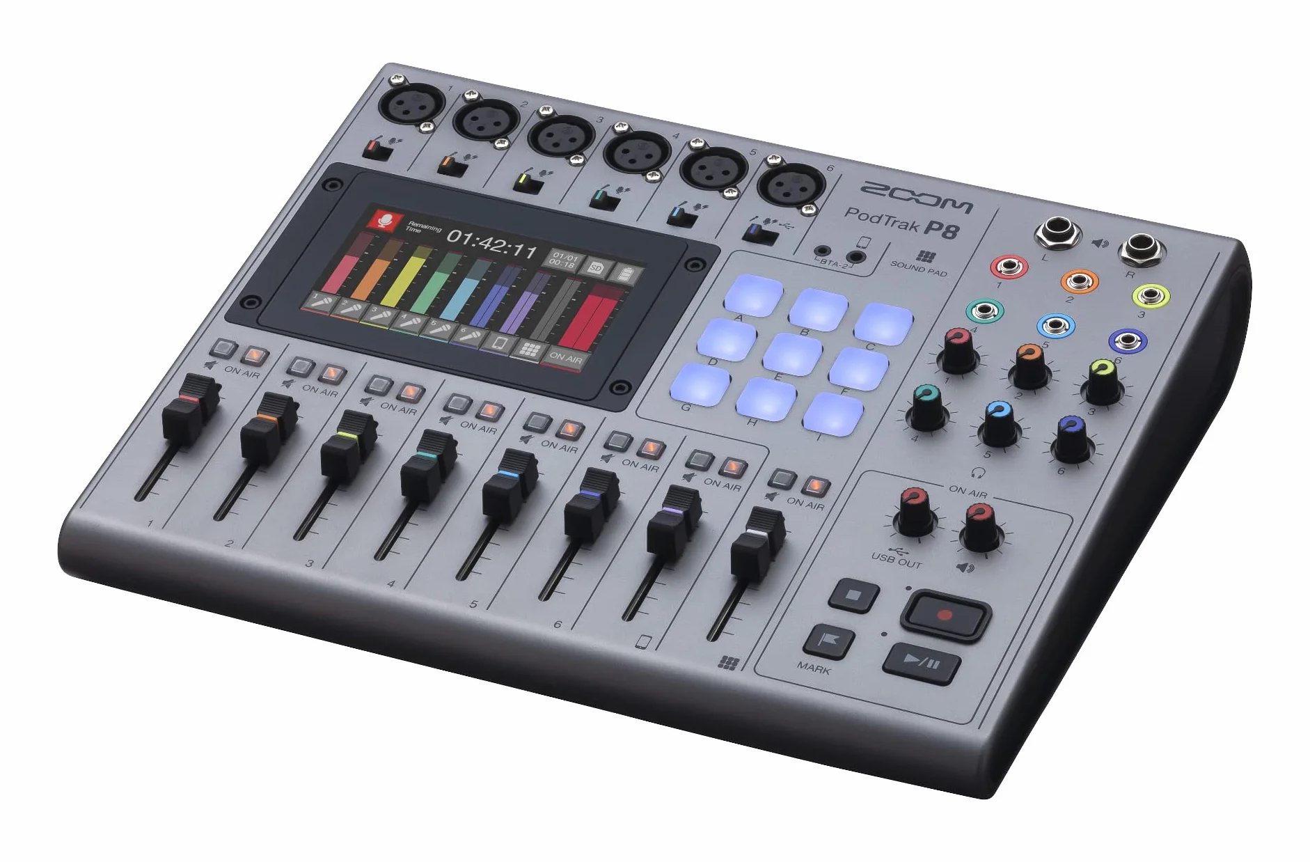 Rejestrator podcastów ZOOM PodTrak P8, 13-ścieżkowe studio mikserskie, 6 wejść mikrofonowych XLR z zasilaniem phantom, interfejs audio USB do profesjonalnych nagrań podcastów, kolorowy ekran dotykowy