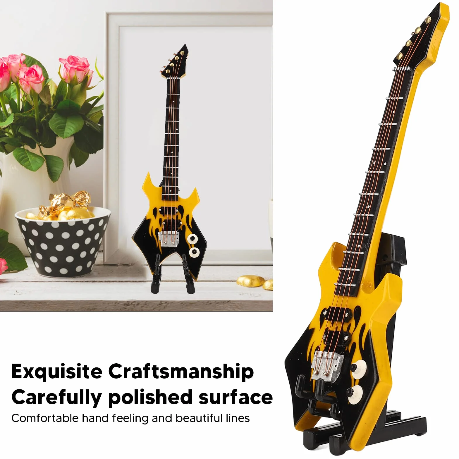 Mini Bas, Symulacja Klasyczna Kolekcja Instrumentów Dekoracyjnych Miniaturowy Model Gitary do Sypialni Studyjnej(Żółty)