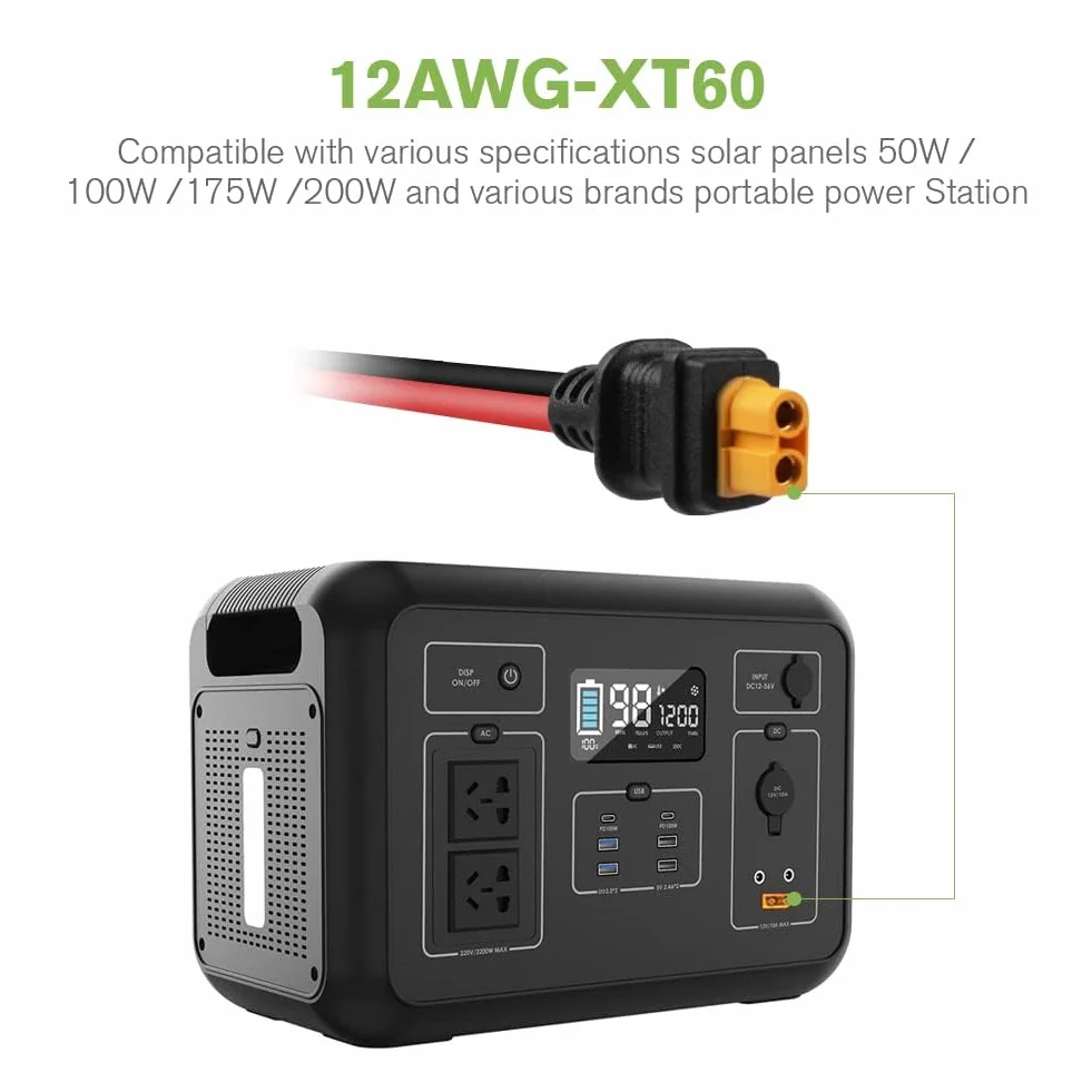 URAQT Złącze słoneczne do adaptera XT60, kabel do ładowania słonecznego 12AWG, złącze słoneczne 60 cm do XT60, wodoodporność IP68, do przenośnej elektrowni i generatora słonecznego