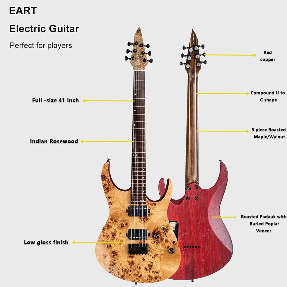 EART H6 Gitara Elektryczna Fixed Bridge String Guitar Gitara Elektryczna z Solidnym Korpusem, H-H Zamknięte Przetworniki do Muzyki Heavy Metalowej, Popu, Rocka Gitara