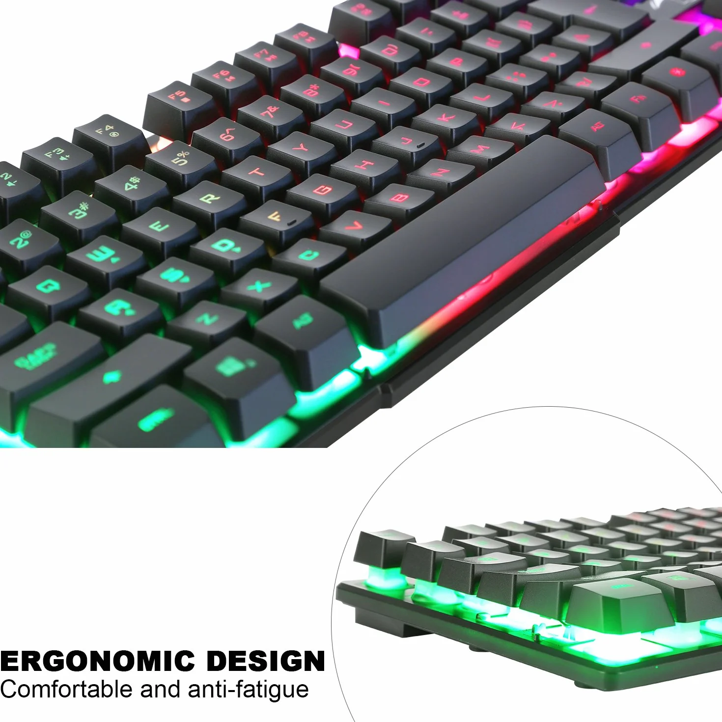 BAKTH Klawiatura i mysz do gier, podświetlenie LED, układ QWERTY US, tęczowe kolory, podświetlana klawiatura USB, wodoszczelna klawiatura i mysz o rozdzielczości 2400 DPI dla graczy Pro PC