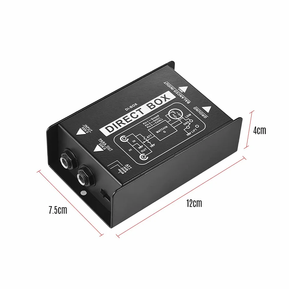 Profesjonalny jednokanałowy pasywny DI-Box Direct Injection Audio Box zrównoważony i niewyważony konwerter sygnału z interfejsami XLR TRS do gitary elektrycznej basowej występów na żywo, di box