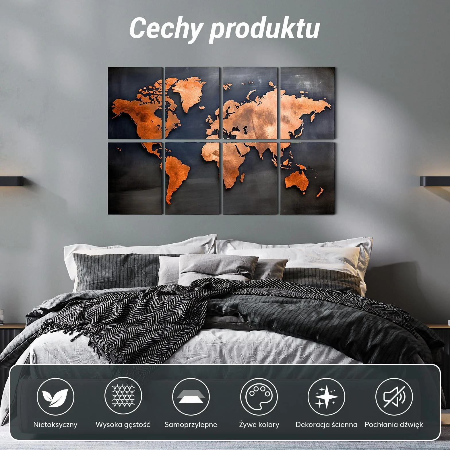 TONOR 8-pakowy artystyczny panel akustyczny, samoprzylepne panele ścienne, panele dźwiękochłonne 40 * 30 * 0.9cm, dekoracyjne panele dźwiękochłonne, obróbka akustyczna do studia, Mapa świata