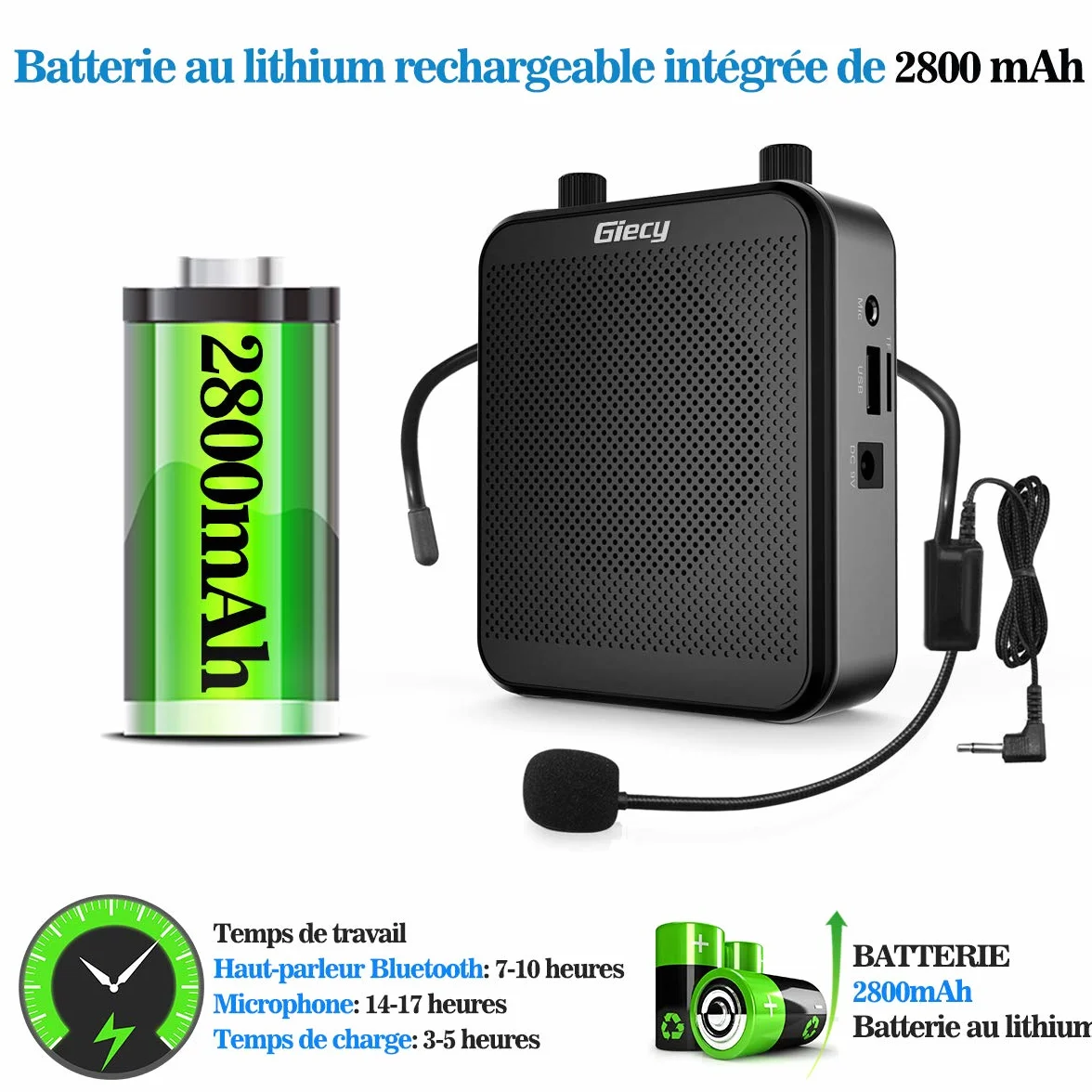 Przenośny wzmacniacz głosowy 30 W z mikrofonem zestaw słuchawkowy akumulator 2800 mAh
