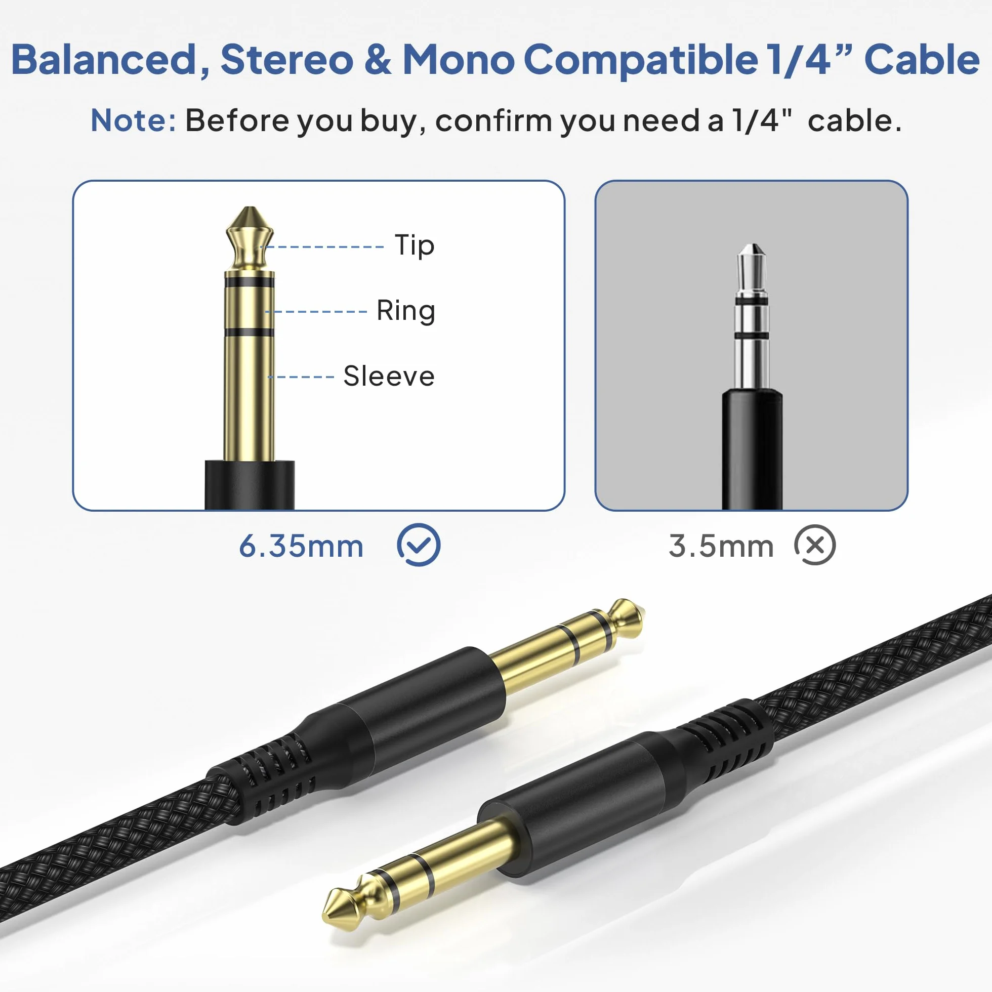 Elebase Stereo Kabel instrumentalny 6,35 mm (6 M/2 opakowanie) pleciony kabel nylonowy TRS 1/4 męski na męski do gitary elektrycznej, gitary basowej, klawiatury, stołu mieszanego