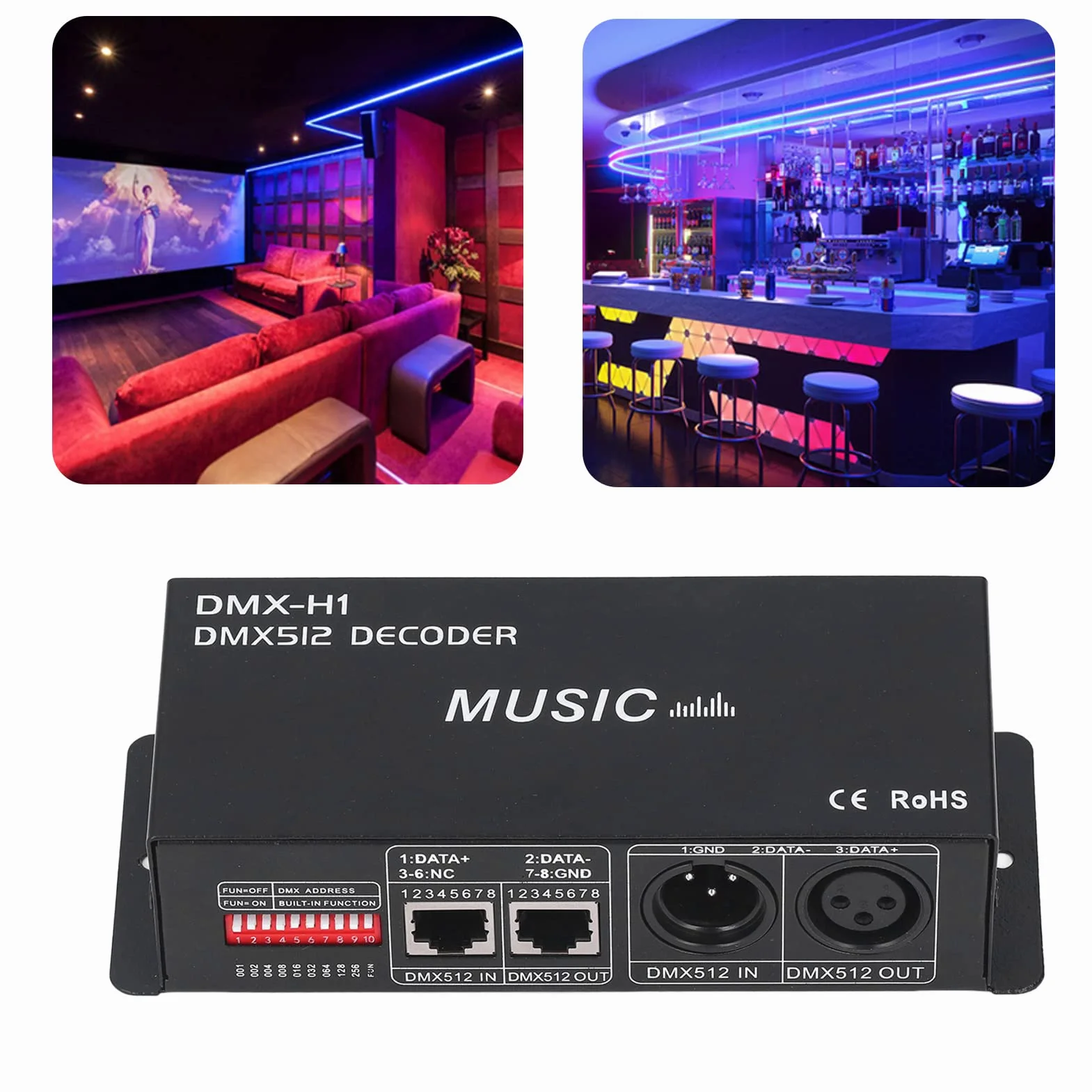 Kontroler Dekodera DMX 512 LED, 4-kanałowy Sterownik RGBW LED Strip Light DC12V-24V z Angielską Instrukcją Obsługi do Regulacji Koloru światła(8A na kanał)