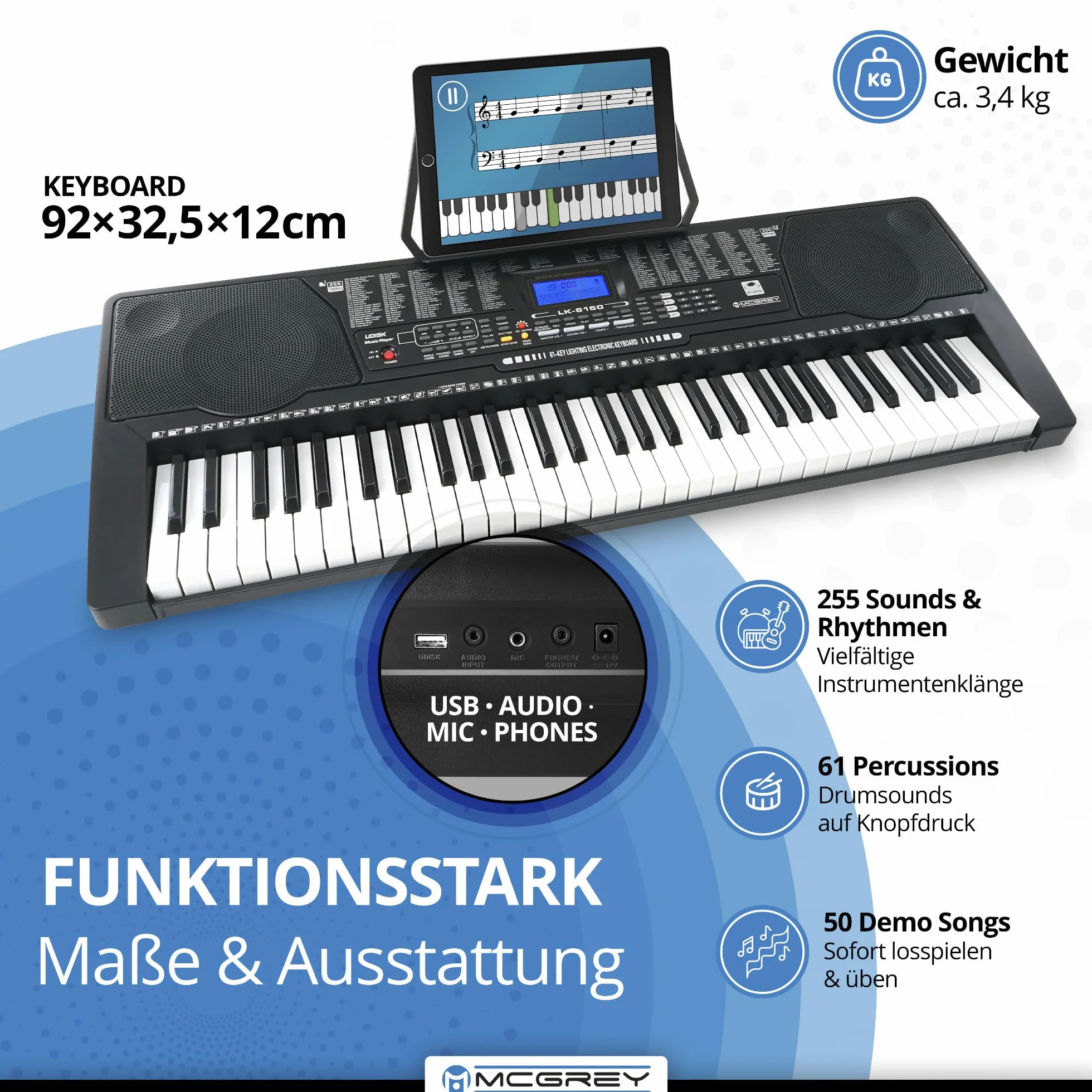 McGrey LK-6150 keyboard 61 klawiszy dla początkujących 255 dźwięków 255 rytmów MP3 czarny
