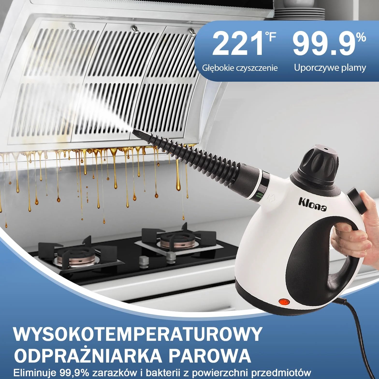 KLONA Ręczna myjka parowa do domu, wielofunkcyjna myjka parowa z 10 akcesoriami do dywanów, zasłon, sof, kuchni, łazienki i wielu innych.