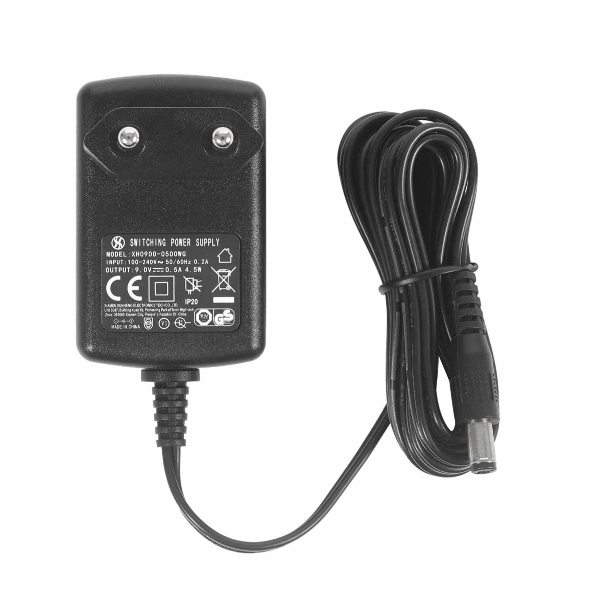 DC 9V 0.5A 500mA adapter zasilający, wtyk 5,5 mm x 2,1 mm, dodatni biegun pośrodku