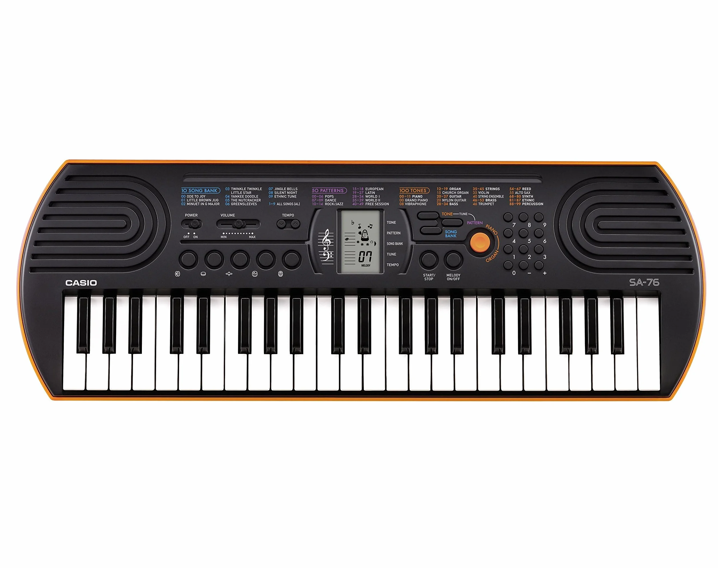 Casio SA-76 mini keyboard z 44 przyciskami, czarno-pomarańczowy