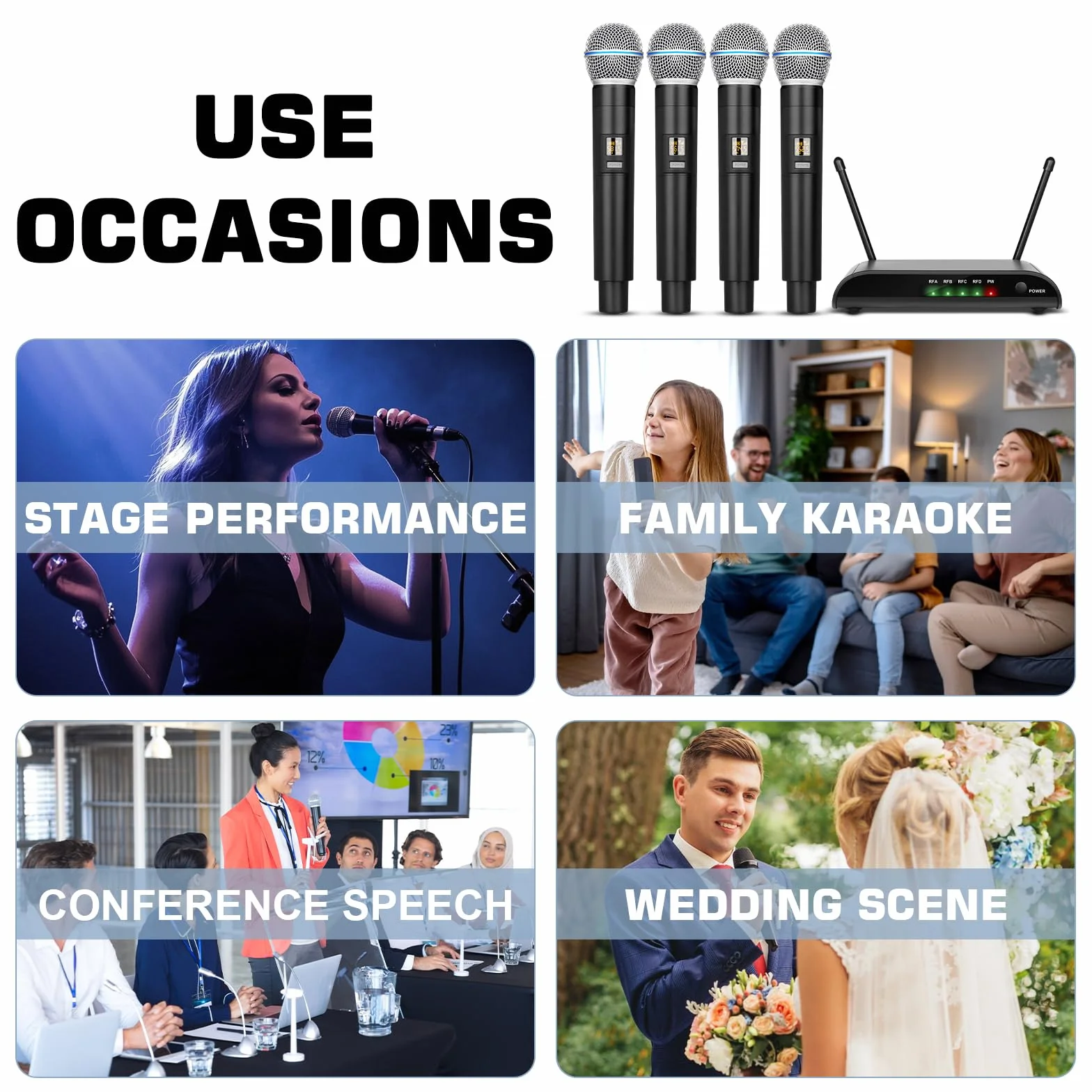 Depusheng R4-Pro mikrofon bezprzewodowy do karaoke, profesjonalny 4-kanałowy ręczny system mikrofonowy, dynamiczny metalowy mikrofon do śpiewu karaoke, kościoła, karaoke, spotkań, przyjęć, kościoła
