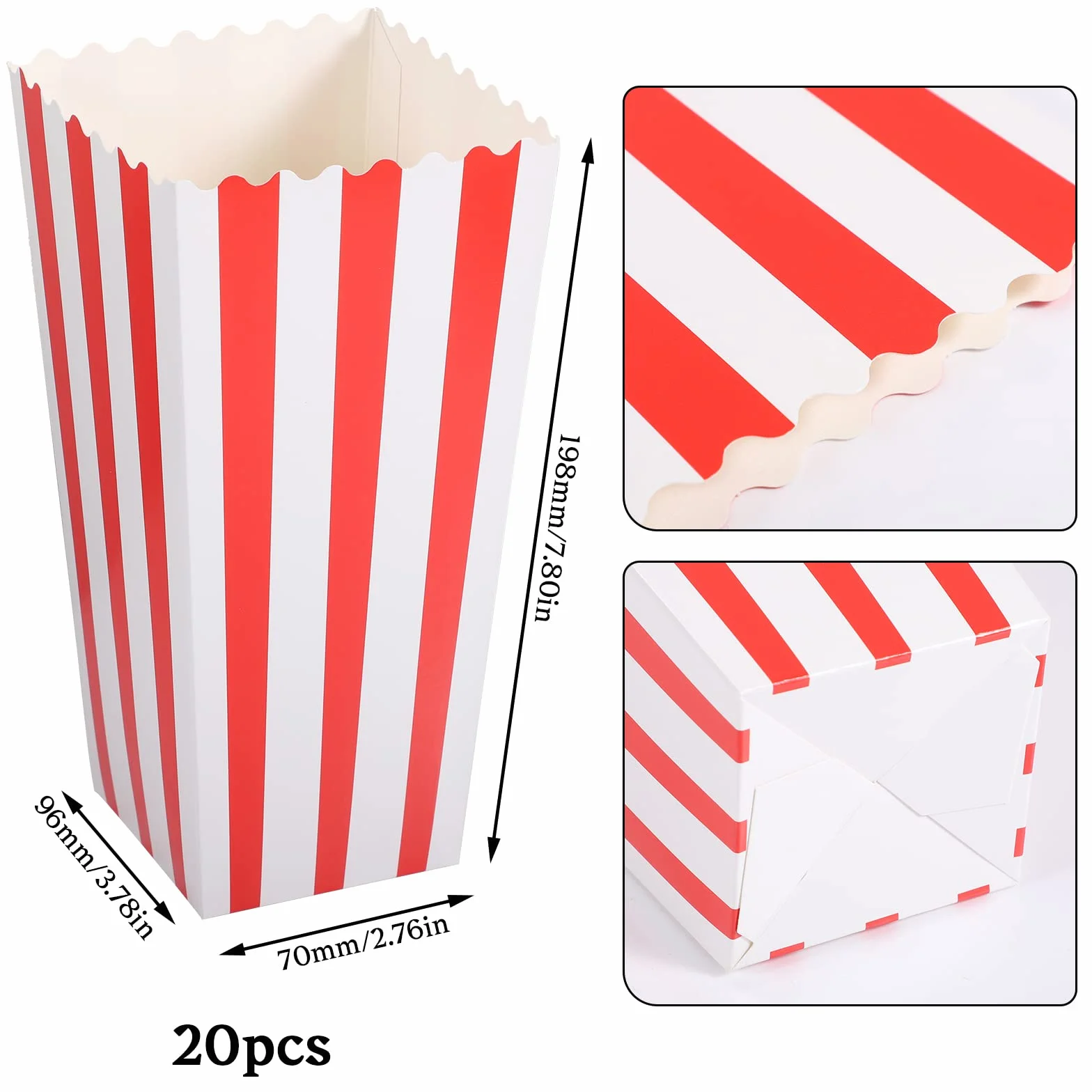 20 sztuk dużych torebek na popcorn, 19,8 x 9,6 x 7 cm, pudełka na popcorn, czerwone, białe, w paski, kartonowe, na przekąski, popcorn, na wieczory filmowe, do kina, na imprezę w stylu retro, wesele