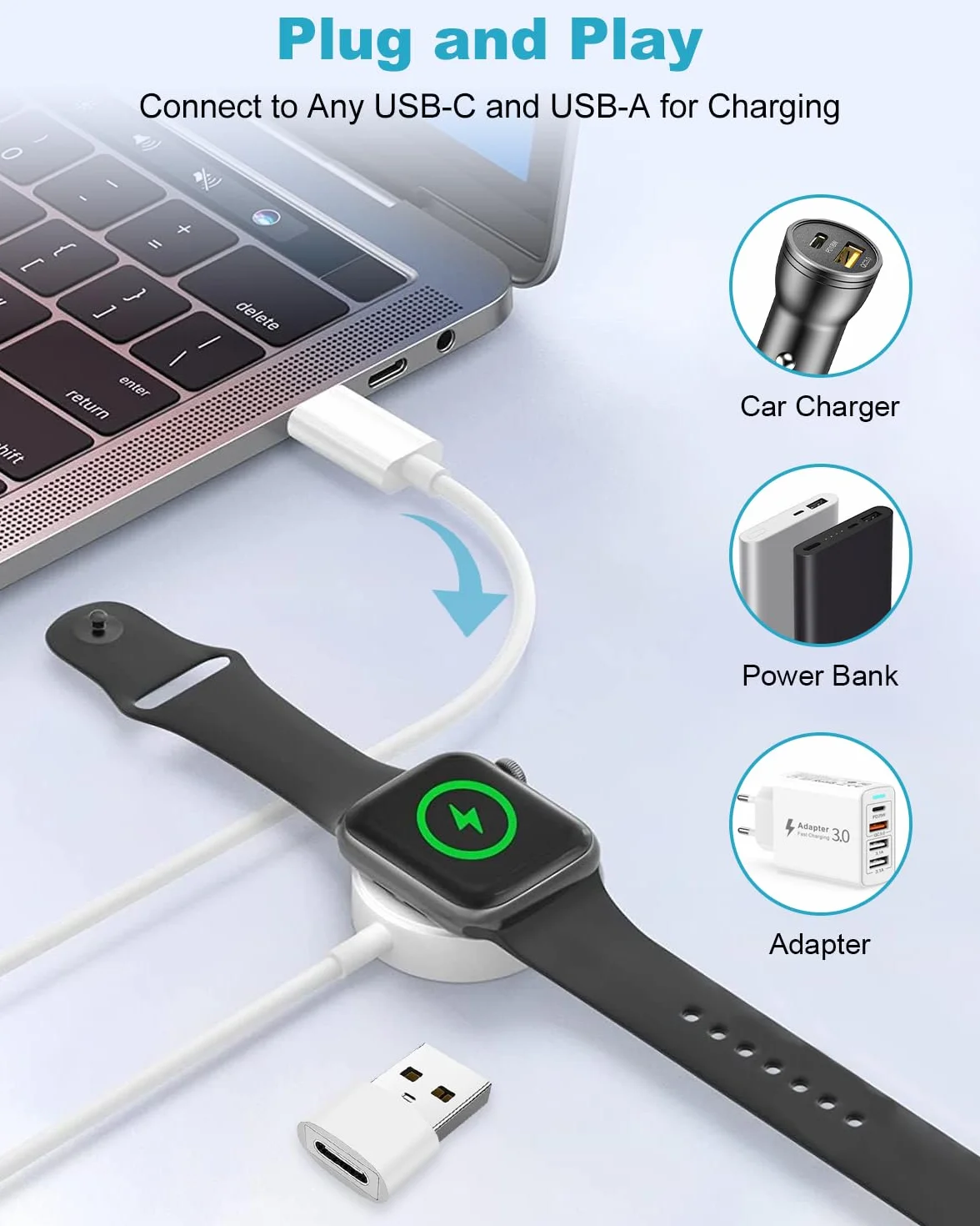 Kabel do ładowania Apple Watch, ładowarka Apple Watch 2M USB-C magnetyczna stacja dokująca, kabel ładowarki Apple Watch do Apple Watch Seria 10/9/8/7/6/5/4/3/2/SE/Ultra