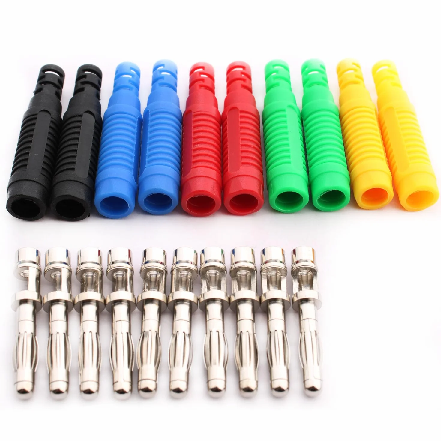 RUNCCI-YUN 10 szt. izolowanych wtyczek bananowych 4 mm, 4 mm wtyk bananowy do przewodów testowych multimetru (czarny niebieski czerwony zielony żółty)