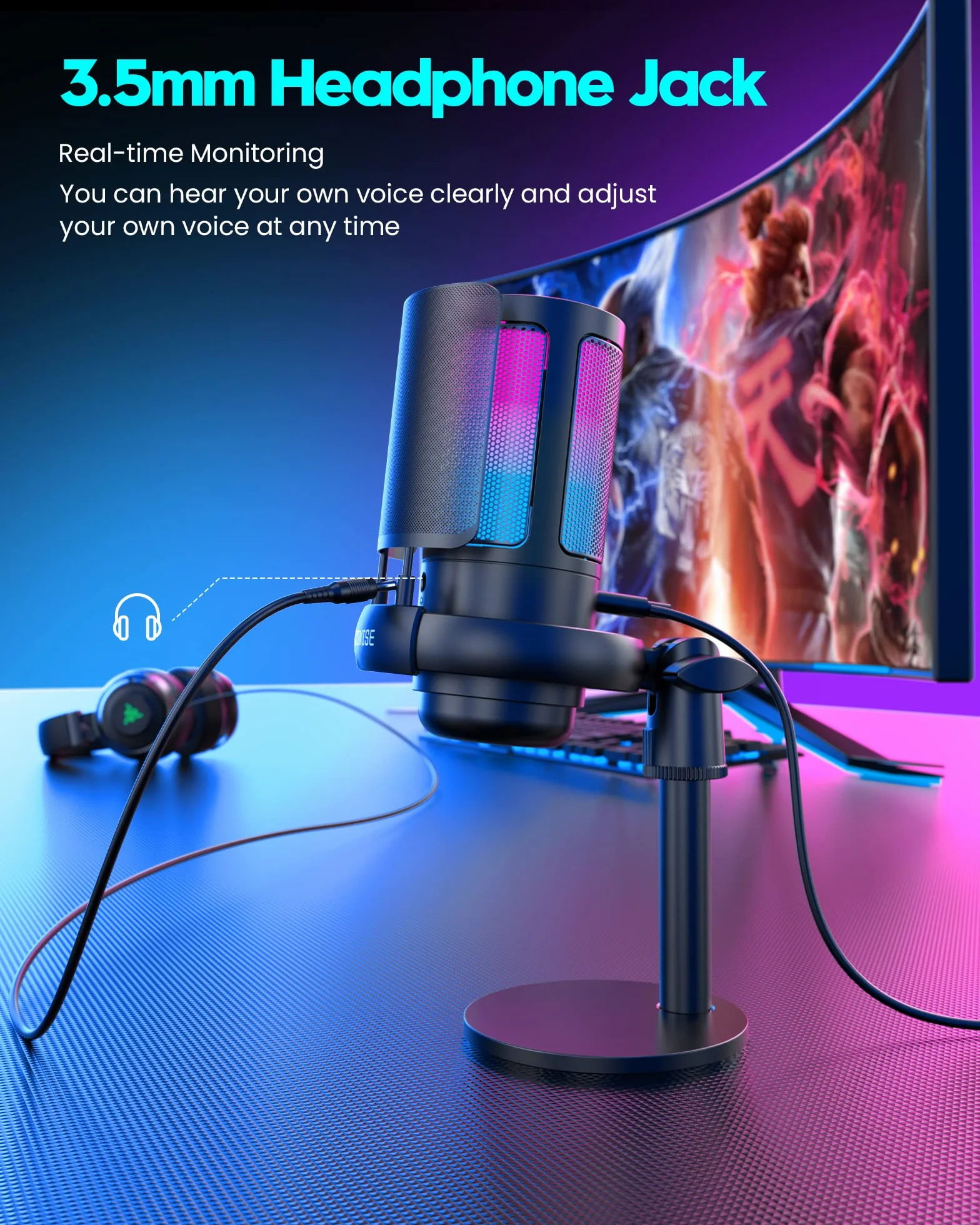 COCONISE Mikrofon gamingowy, mikrofon USB PC do podcastów wideo, strumieniowania, mikrofon pojemnościowy z szybkim wyciszeniem, statywem, filtrem pop, wskaźnikiem RGB, mocowanie wstrząsowe, przycisk
