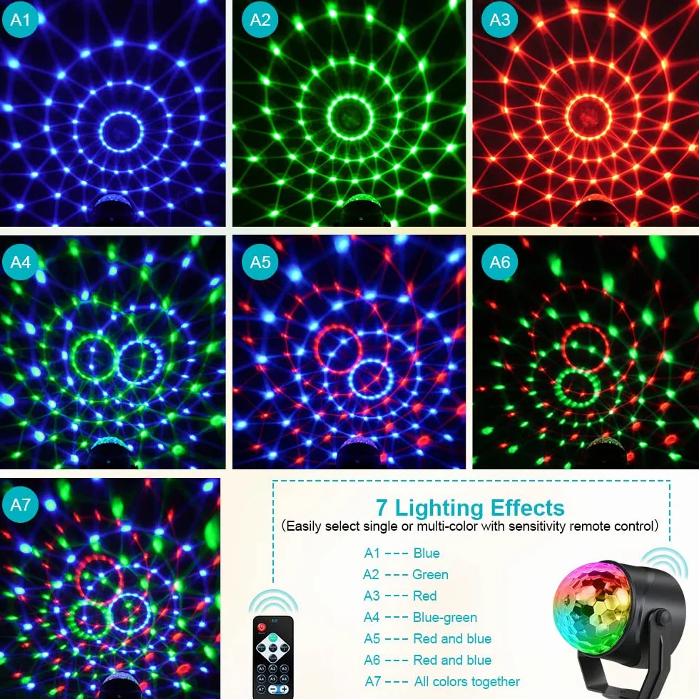 URAQT Disco Lights, 360 ° Aktywowane Dźwiękiem Oświetlenie Imprezowe, 7-Kolorowe Oświetlenie Sceniczne LED z Pilotem do Spotkań Rodzinnych, Przyjęcia Urodzinowego, Tańca, Karaoke, KTV (2 Szt)