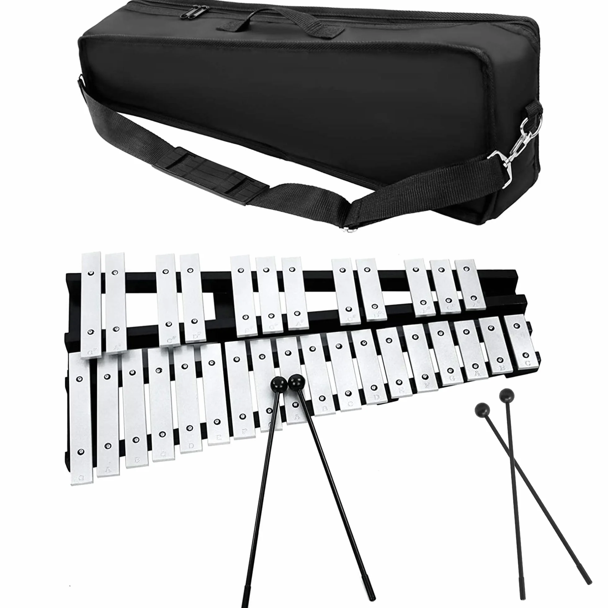 OUUTMEE Dzwonki, aluminium, 30 nut, ksylofon, drążki z 2 pałeczkami, stojak z walizką do przechowywania, koncert muzyczny, prezentacja, konkurs sztuki szkolnej