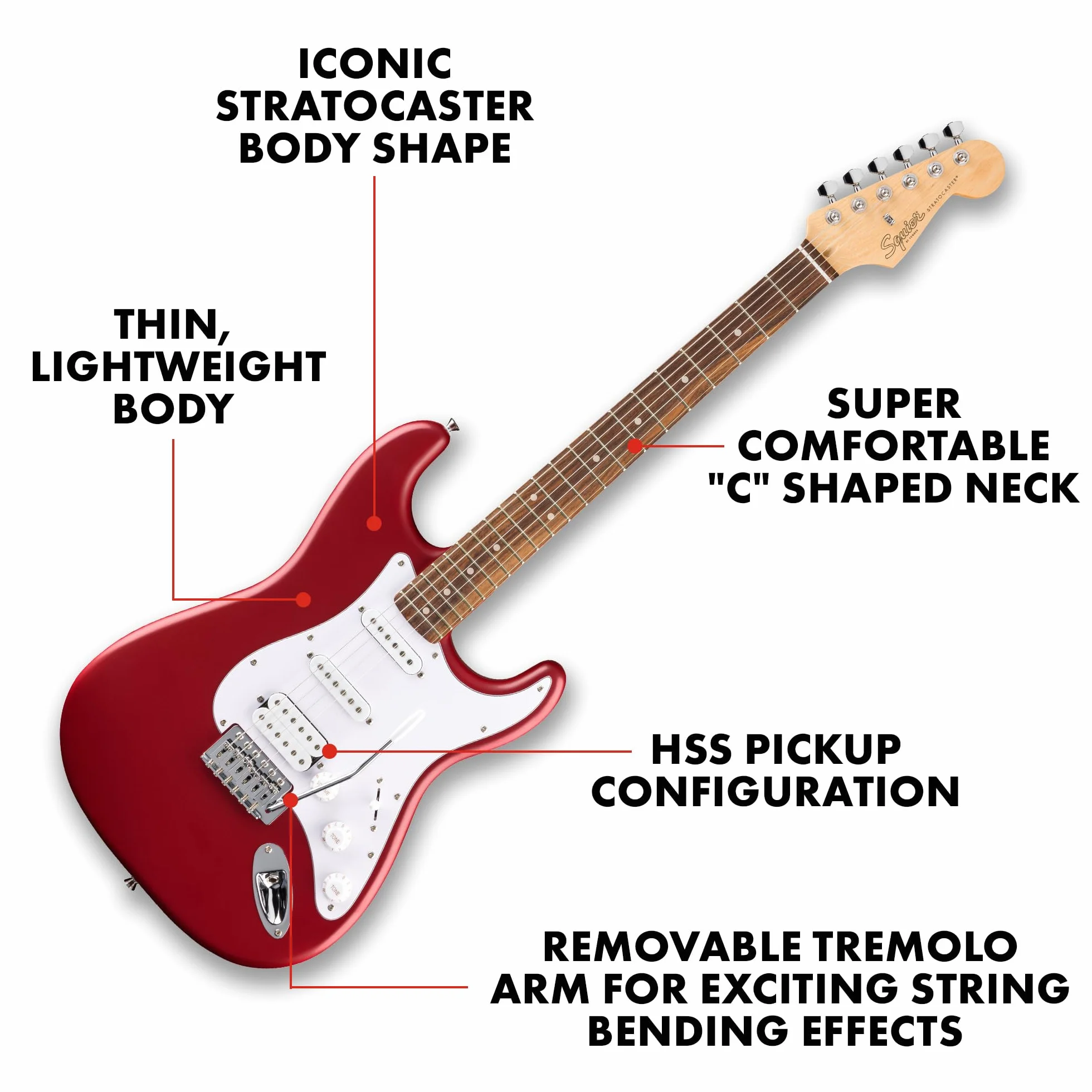 Squier by Fender Debut Collection HSS Stratocaster gitara elektryczna, podstrunnica Laurel, biała maskownica, Dakota Red