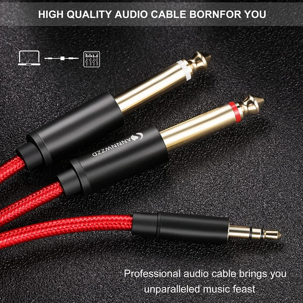 ANNNWZZD Kabel audio TRS na Dual 6,35 mm Mono Y audio, podwójna wtyczka jack 6,35 TS na 3,5 TRS kabel rozdzielający audio, kabel instrumentalny z plecionką nylonową do interfejsów cyfrowych (2 m)