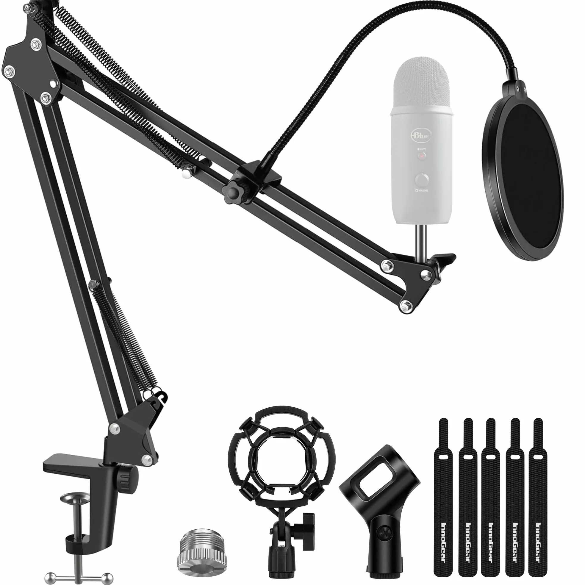 InnoGear Stojak do mikrofonu Blue Yeti regulowany amortyzator wysięgnik nożycowy stojak z adapterem śrubowym 3/8" do 5/8" mocowanie amortyzator przednia szyba filtr pop mikrofon klips uchwyt opaski kablowe