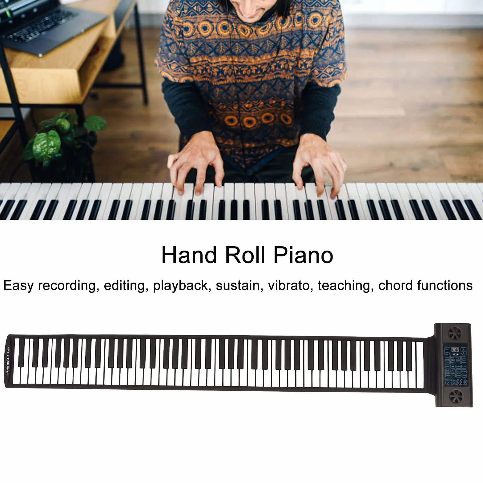 88 Klawiszy Zwijana Klawiatura Fortepianowa, 28 Tonów 128 Rytmów 14 Utworów Demonstracyjnych, Cyfrowy Wyświetlacz LED z Funkcją MIDI Bluetooth, Składany Przenośny Pianino Elektryczne(Czarny)