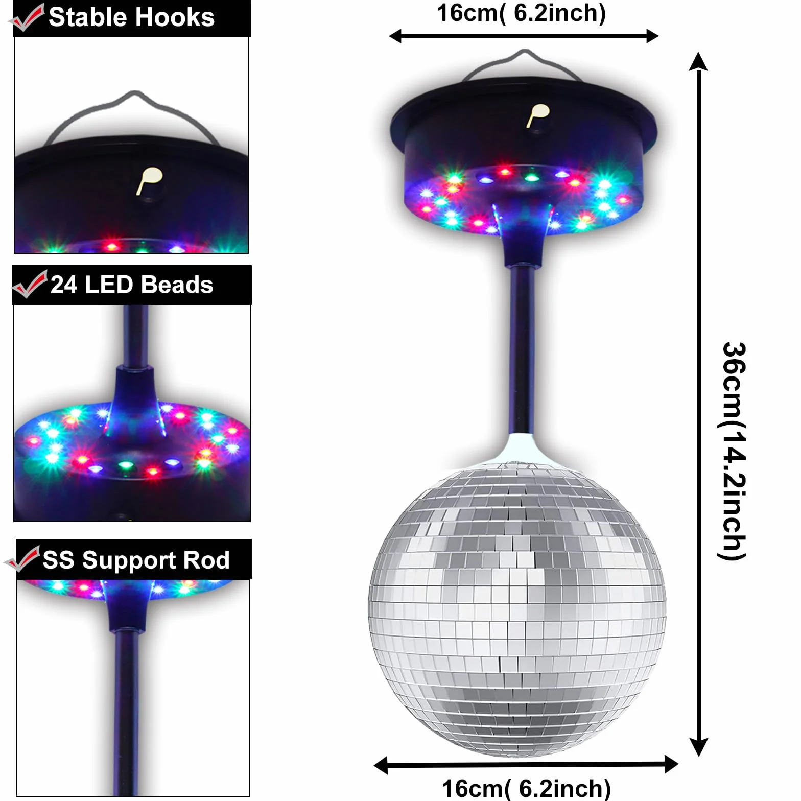 Obrotowe lusterka 15 cm, lampa dyskotekowa, wisząca, srebrna, brokatowa kula z 5 obr./min - 9 obr./min, regulowana obrotowa podstawa silnika, 24 RGB LED, nastrojowe światła DJ, idealne na imprezę, do
