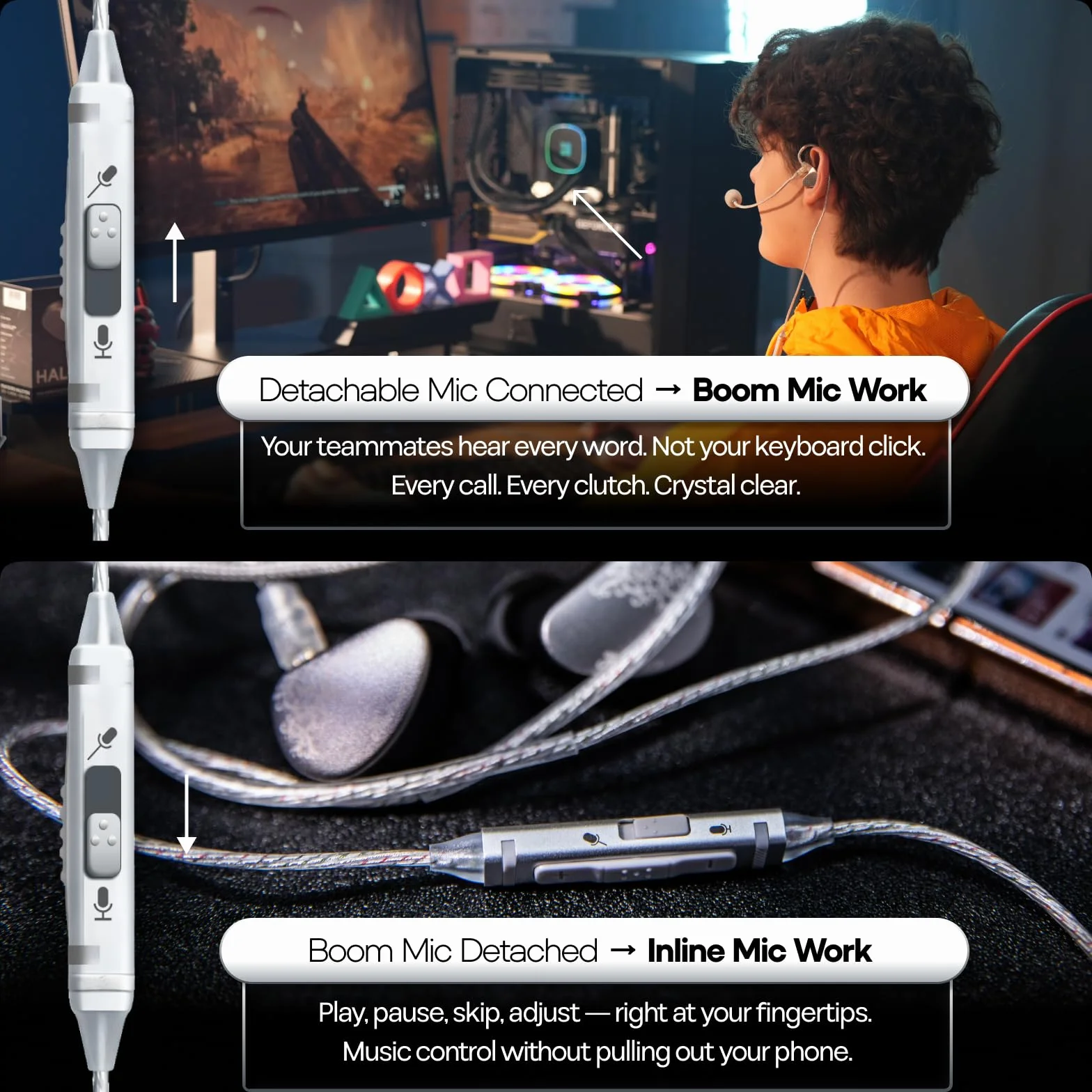 Linsoul Kiwi Ears S-Link Type-C kabel do słuchawek dousznych, kabel do słuchawek gamingowych z DAC+DSP, podwójnym mikrofonem, 3 trybami inteligentnego sterowania (Srebro, 2-pinowy)