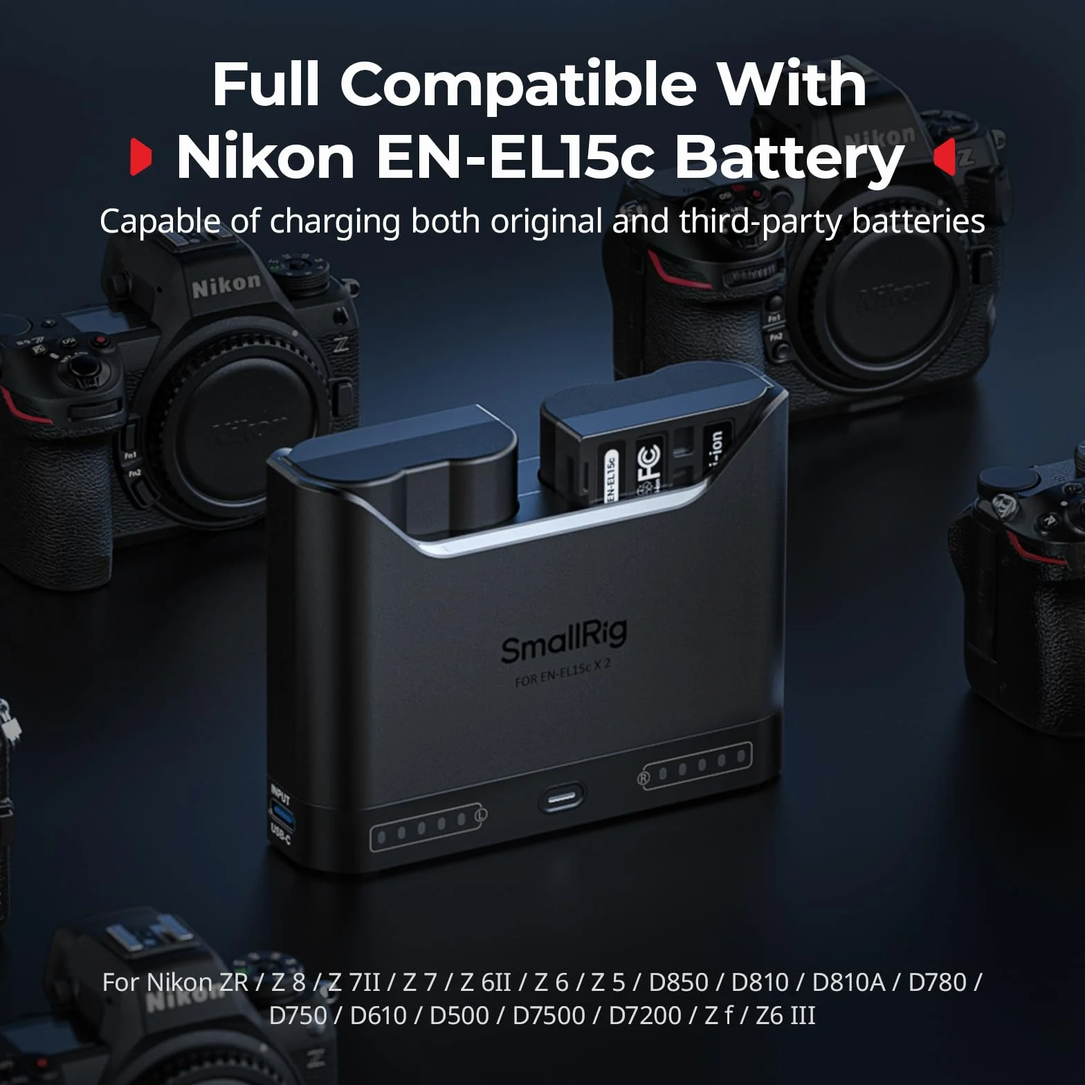 SMALLRIG Zestaw akumulatorów EN-EL15c do Nikon, ładowarka dwugniazdowa 22,5 W, akumulatory 1940 mAh, w pełni kompatybilny z do Nikon ZR, Z6III, Zf, Z8, Z7II, Z7, Z6II, Z6, D850, D810, D780, D750-5486
