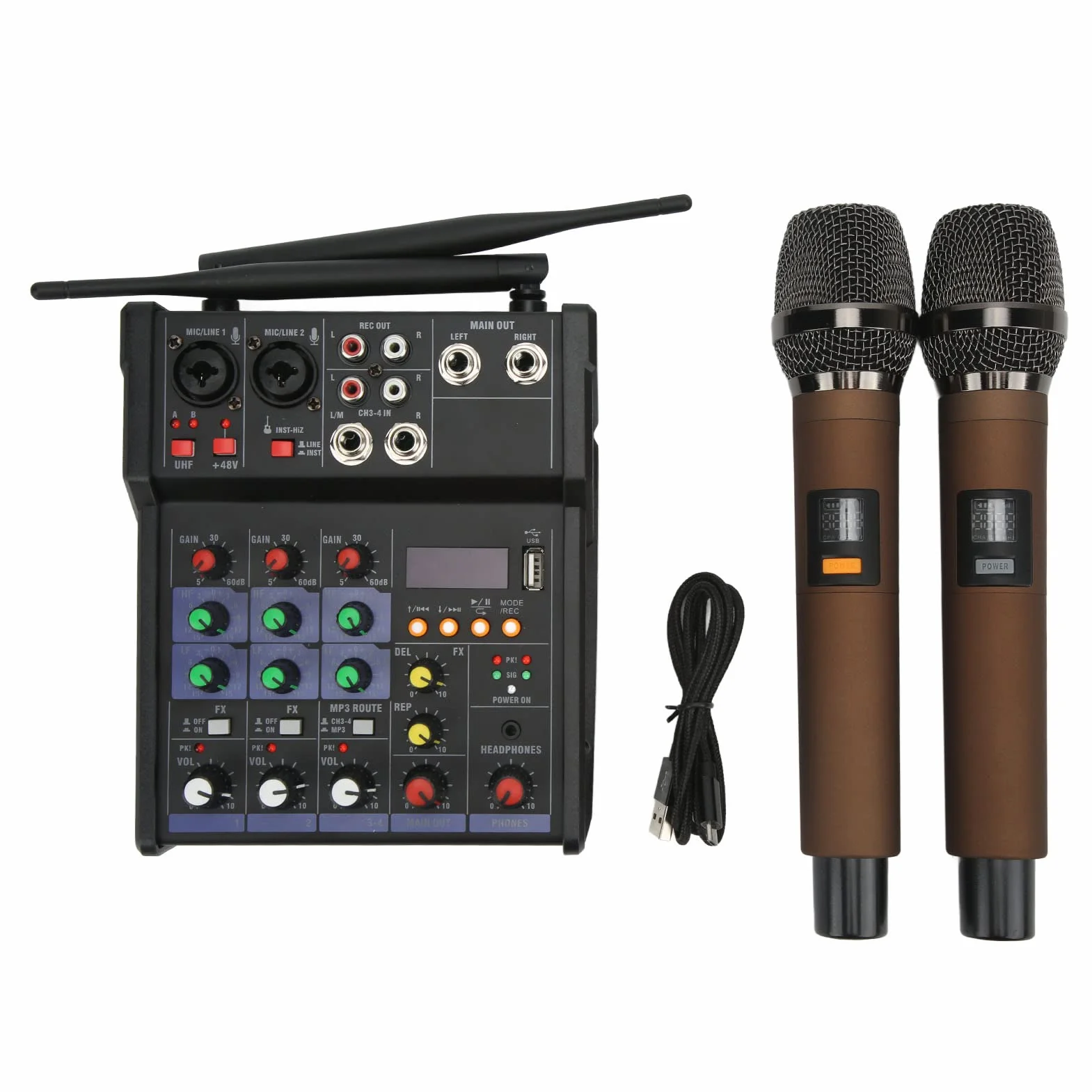 Mały mikser stereo Bluetooth z 2 mikrofonami bezprzewodowymi, 4-kanałowy mikser audio, rodzinny procesor stereo, mikser DJ do transmisji na żywo